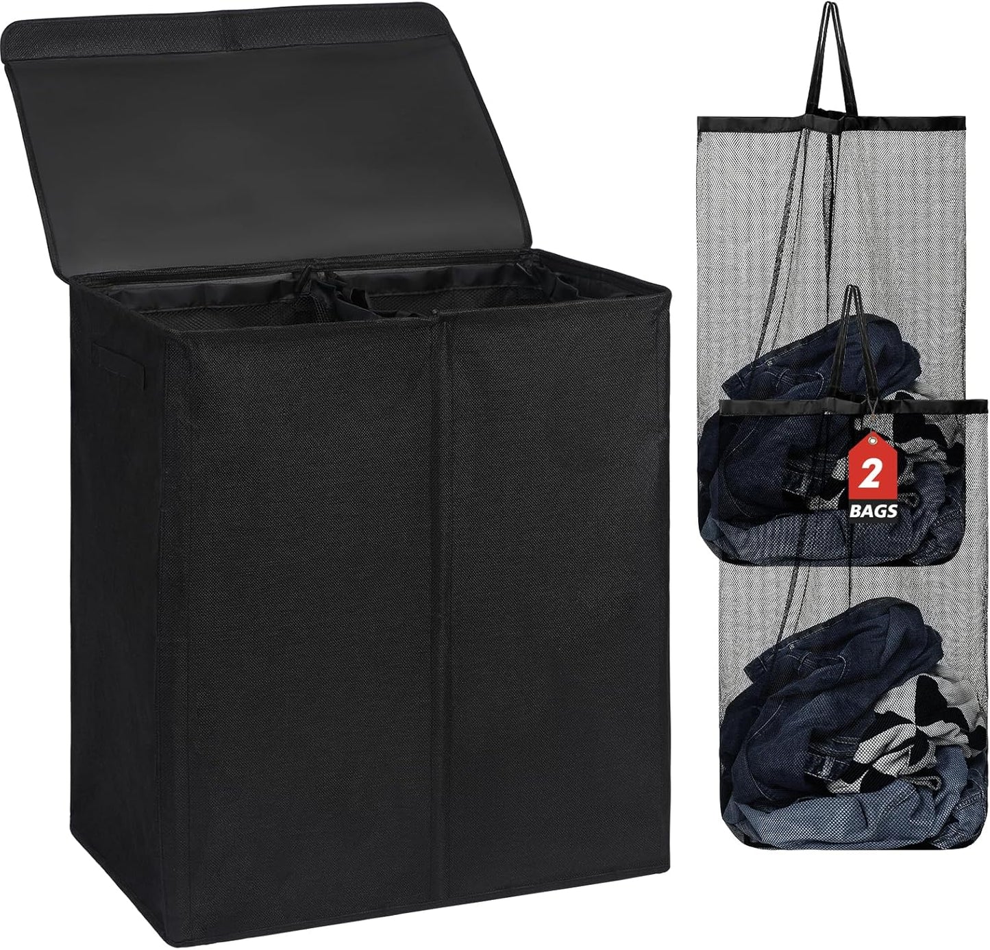 DOKEHOM 150L Double Laundry Basket with Lid and Removable Laundry Bags, Large Collapsible Laundry Hamper with 2 Sections for Bedroom, Bathroom, Laundry Room, Colloge (Black)