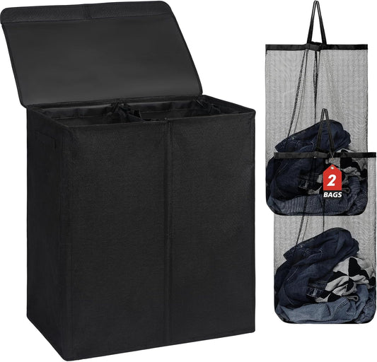 DOKEHOM 150L Double Laundry Basket with Lid and Removable Laundry Bags, Large Collapsible Laundry Hamper with 2 Sections for Bedroom, Bathroom, Laundry Room, Colloge (Black)