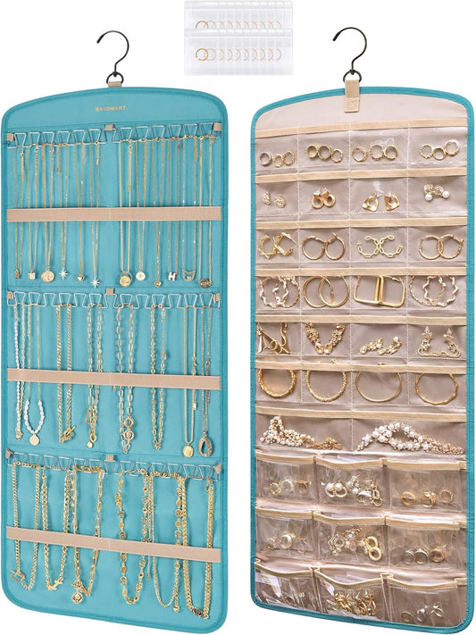 BAGSMART Hanging Jewelry Organizer, Necklace Holder Anti-tangle Earrings Rings Hanger with 20 Jewelry Bags Travel Storage Roll with Pockets Hang on Closet, Wall, Door,1 Piece, Large, Teal