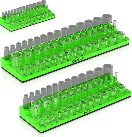 Olsa Tools Magnetic Socket Organizer | 3pc Socket Holder Kit | 1/2-Inch, 3/8-Inch, 1/4-Inch Drive | Socket Organizers For Toolboxes | Green | Holds 123 | Professional-Grade Tool Organizer | Part 1561