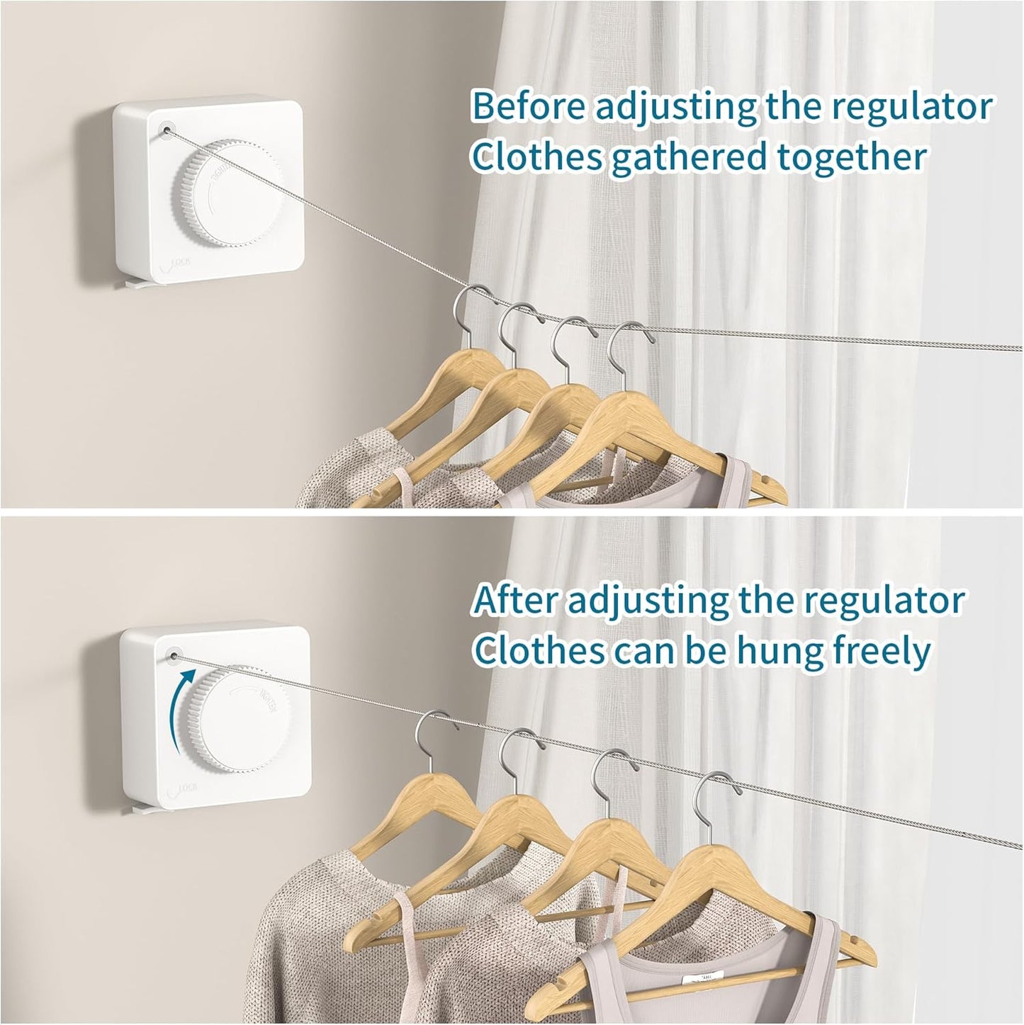 JOOM Retractable Clothesline Heavy Duty Clothes Drying Laundry Line Wall Mounted Easy Hanging Clothes Drying Laundry Line Retracting Hanging Lock to Prevent Sagging (Square,White)