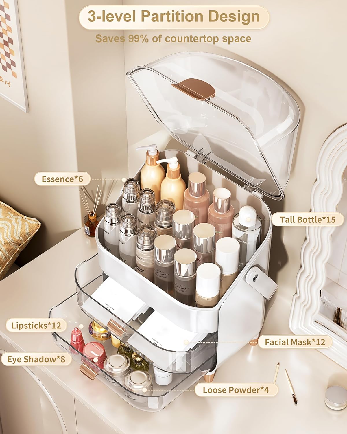 Makeup Organizer Countertop, Skincare Holder Bathroom Counter Organizer, Storage Box Cosmetic Display Cases, Teen Girl Gifts Make up Organizers for Vanity, Dresser (Rose Gold)
