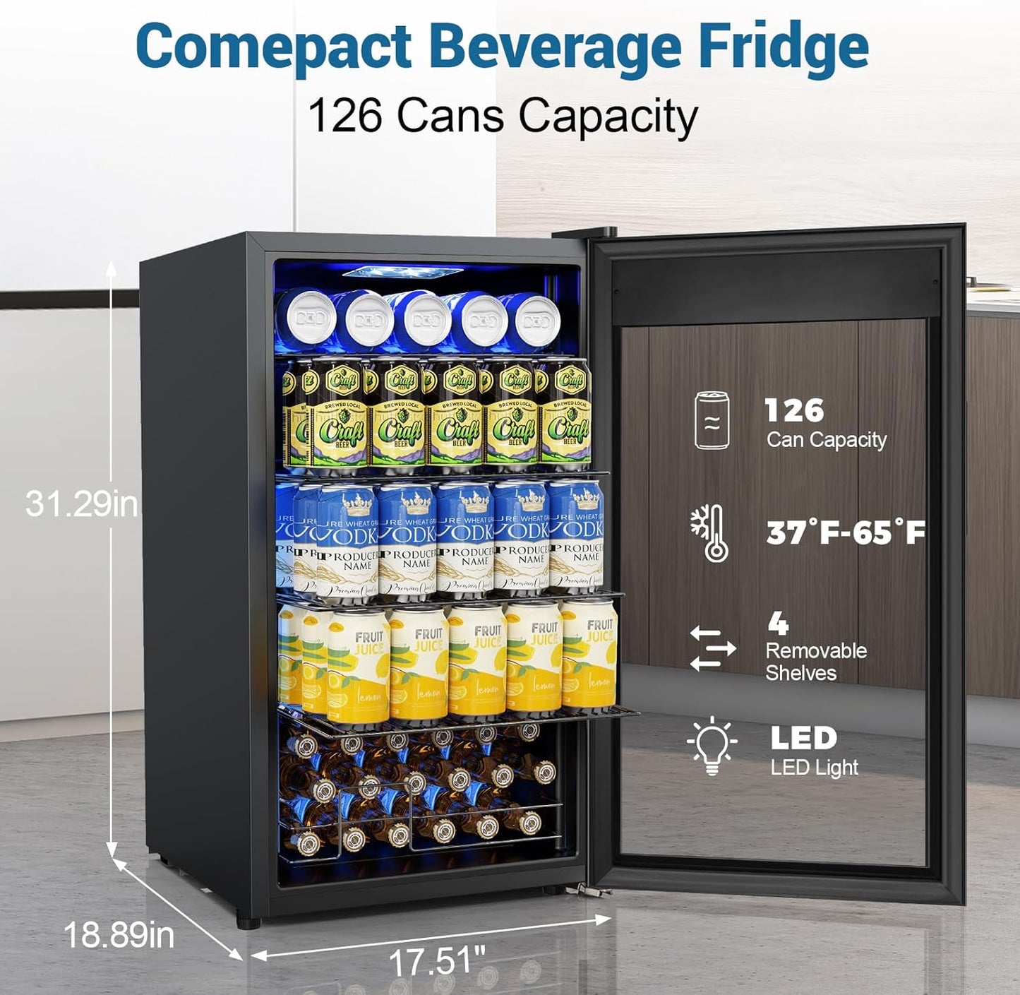Mini Fridge 3.2 Cu.Ft Small Beverage Refrigerator 126 Can Lockable Drink Cooler with Glass Door, Safety Lock, for Beer Soda Black