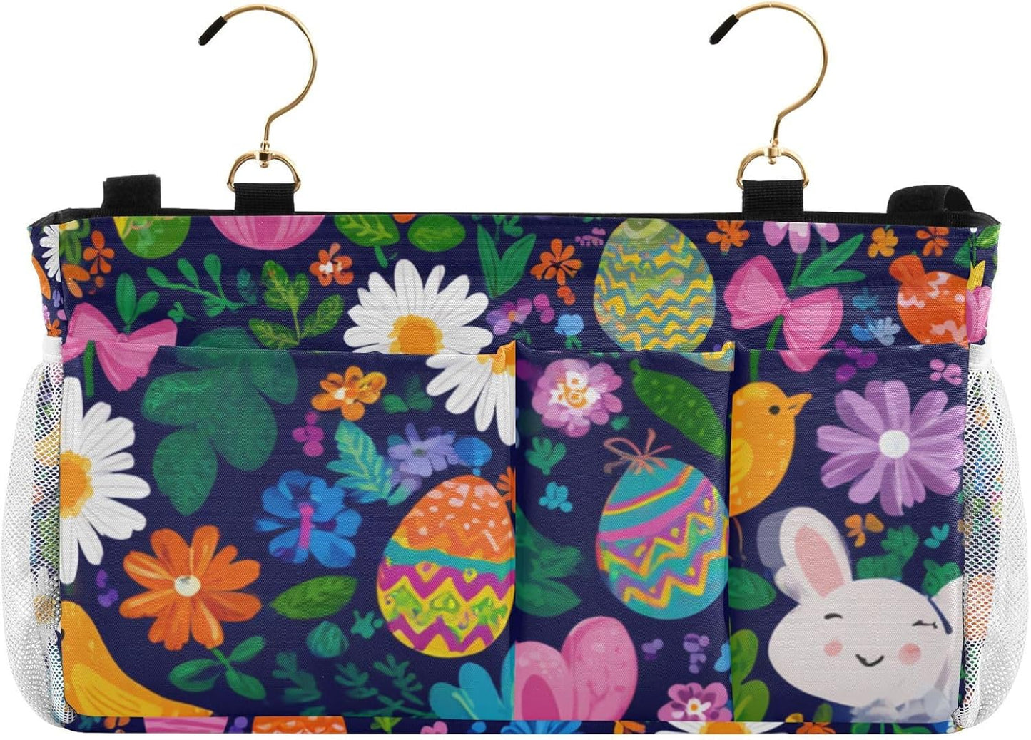 Easter Daisy Rabbit Birds Eggs Bedside Caddy for Dorm Bed Bedside Hanging Caddy Bag Iron Frame Storage Organizer Pocket for Bunk Home College Hospital Beds 2 Hooks