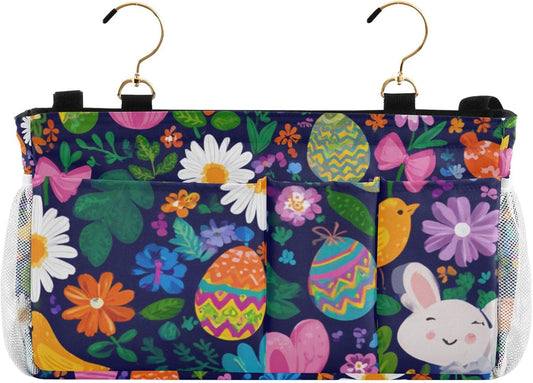 Easter Daisy Rabbit Birds Eggs Bedside Caddy for Dorm Bed Bedside Hanging Caddy Bag Iron Frame Storage Organizer Pocket for Bunk Home College Hospital Beds 2 Hooks