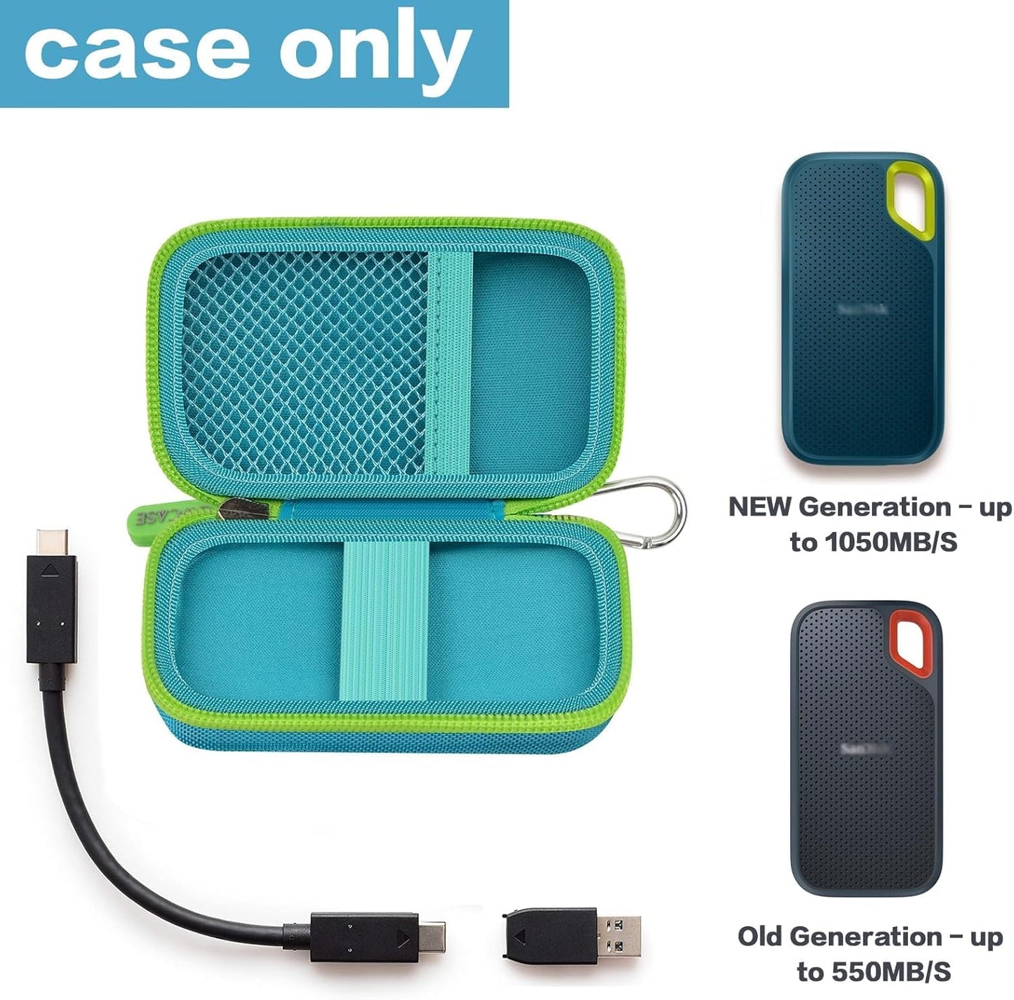 Hard Case Compatible with SanDisk 1TB 2TB 4TB 500GB 8TB Extreme Portable SSD - Up to 1050MB/s - USB-C, USB 3.2 Gen 2 External Solid State Hard Drive Storage Holder for Cables-Green (Box Only)