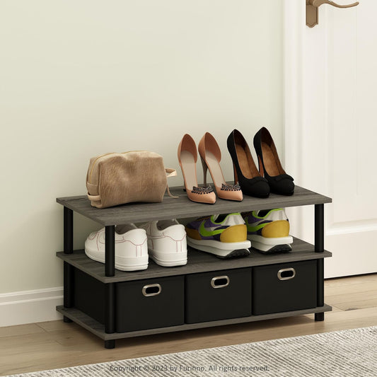 Furinno Turn-N-Tube Shoe Rack, Compact Shoe Organizer, Multipurpose Shoe Storage with Bin Drawers and Open Shelves, 15.5 x 31.2 x 15.4, for Closet Entryway, Office, Garage, French Oak/Black/Black