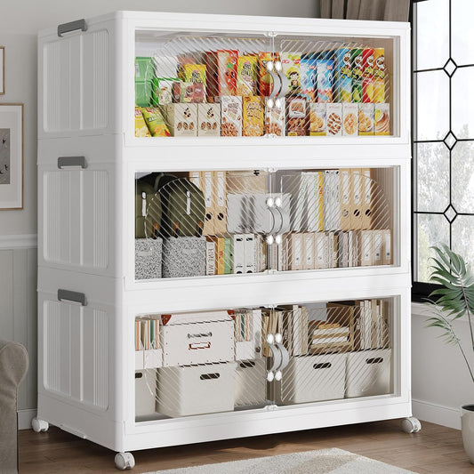 360QT Extra Large Stackable Storage Bins with Lid & Wheels & Doors, 90Gal Foldable Collapsible Closet Organizers, Plastic Cabinet Box Container Drawer for Home Kitchen Bedroom, 3Pack White