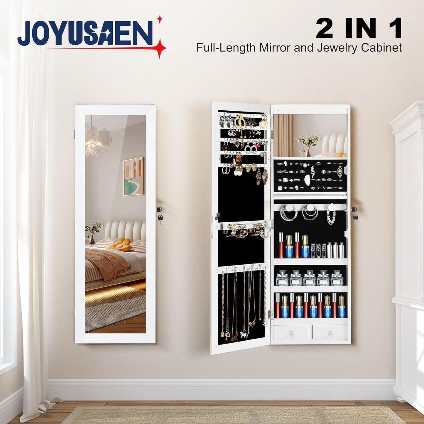 Mirror Jewelry Organizer, Wall/Door Mounted Jewelry Armoire with Full-Length Mirror,Hanging Jewelry Cabinet with LED Interior Lights, White