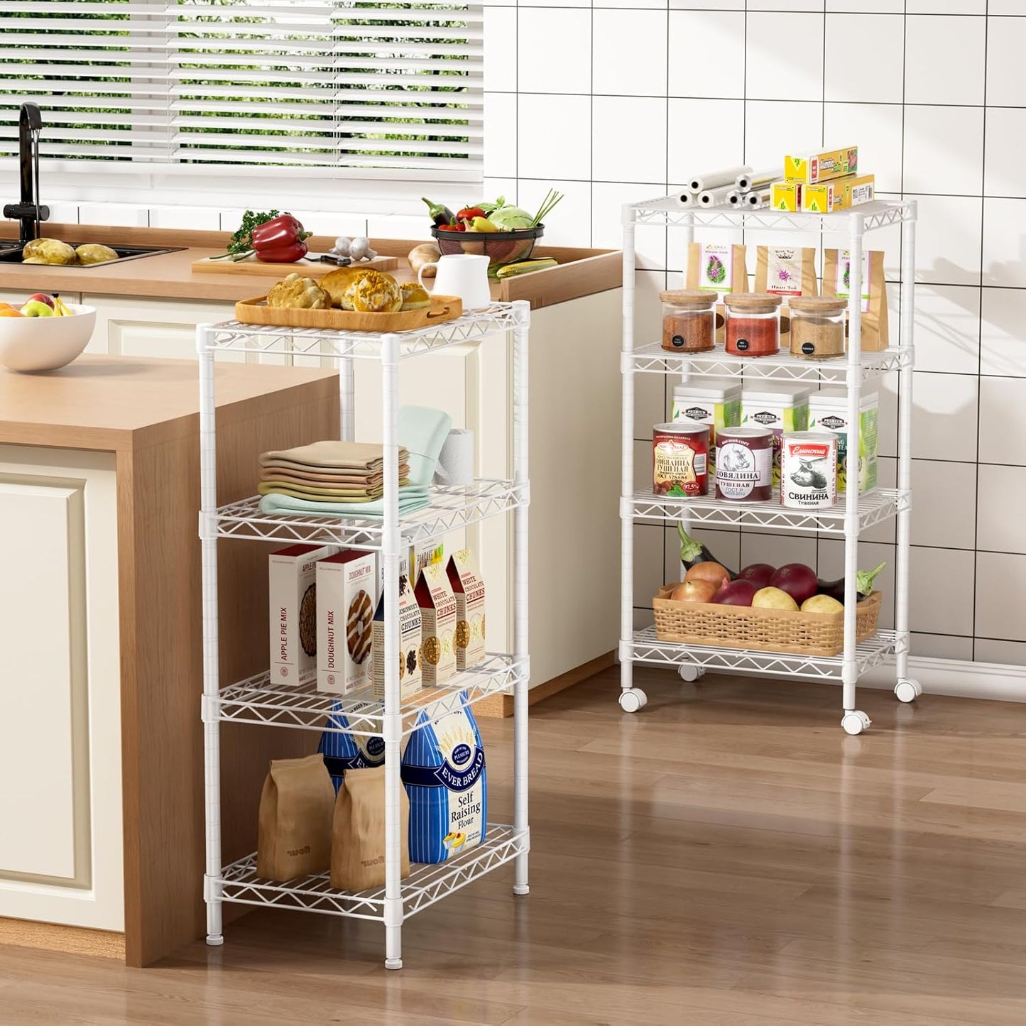 Small 4 Tier Shelves Storage Wire Shelving Unit Metal Shelf Adjustable Organizers Storage Shelving with Wheels for Bathroom Laundry Room Kitchen Pantry12”D x 18”W x 44.8”H White