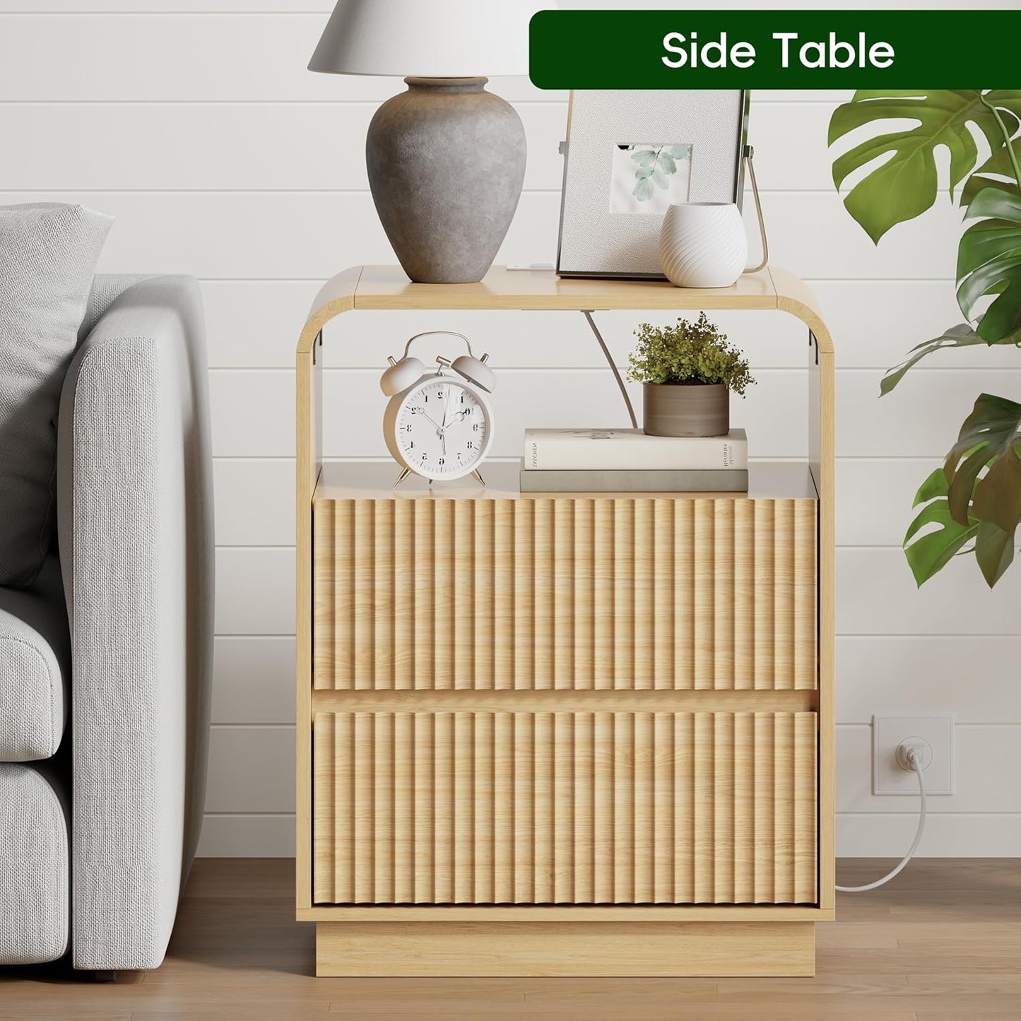 Natural Oak Nightstands Set of 2 with Charging Station, Mid Century Modern End Tables & Bedside Tables, Fluted Wood Small Night Stands with 2 Hidden Drawers and Storage Shelf for Bedroom
