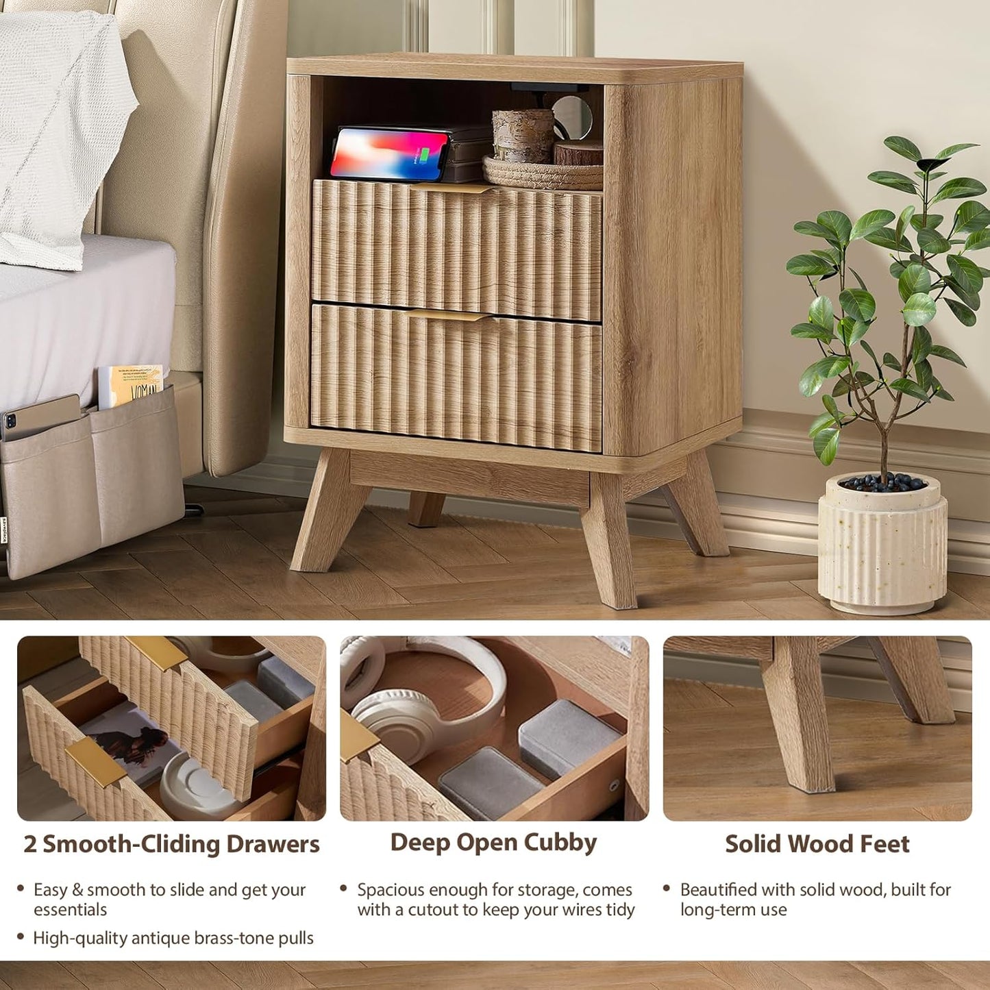 Fluted Nightstand - 24" Modern Bedside Table w/ 2 Drawers, Wood Bed Side End Table with Open Shelf, Night Stand with Storage Drawer, Curved Design Night Stands for Bedroom Living Room (Nature)