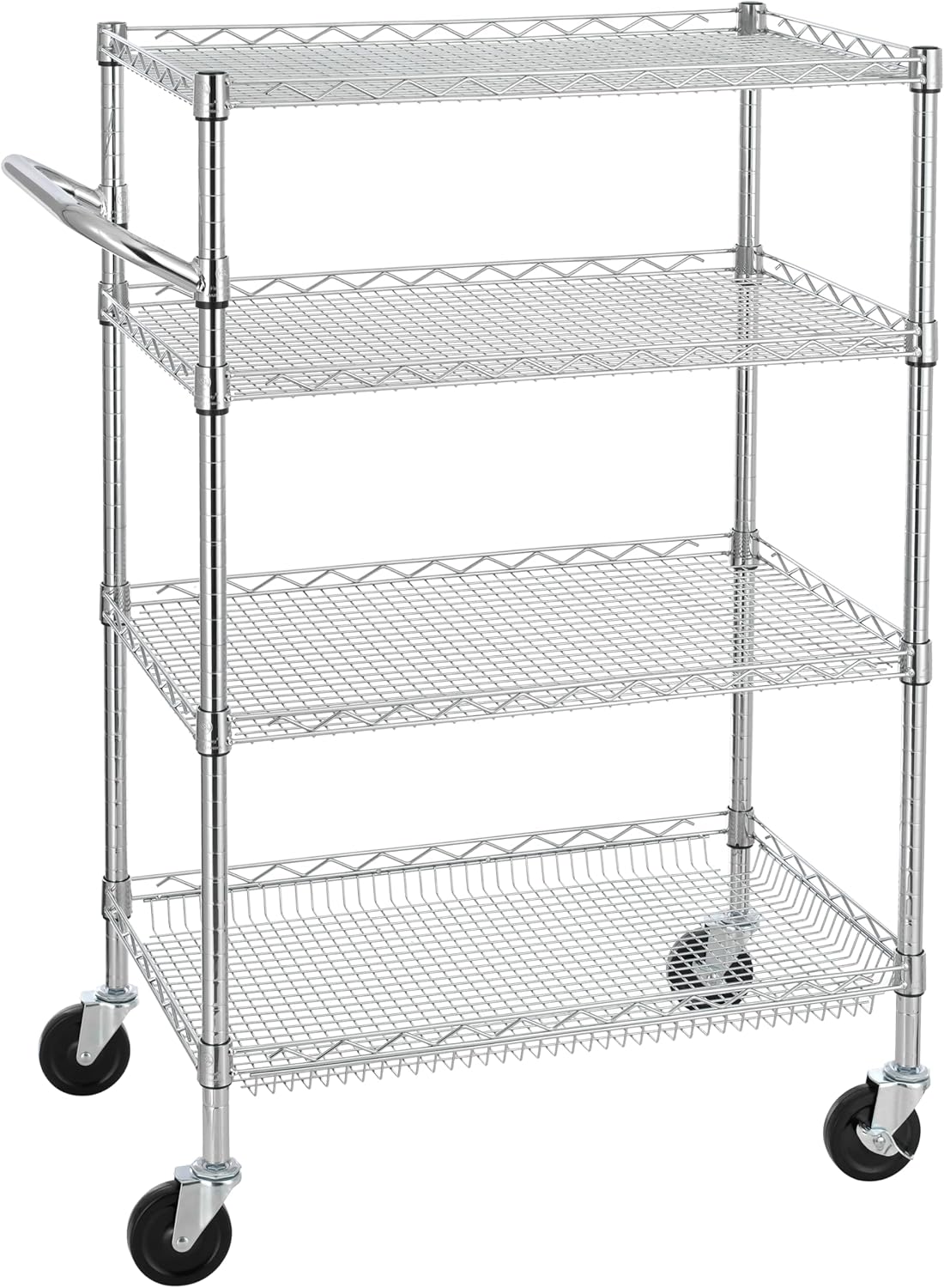 Finnhomy 4 Tier Heavy Duty Commercial Grade Rolling Cart with Handle Bar, Metal Wire Utility Cart with Wheels, Service Trolley on Wheels, Shelf Size 18" D x 30" W, NSF Listed, Chrome