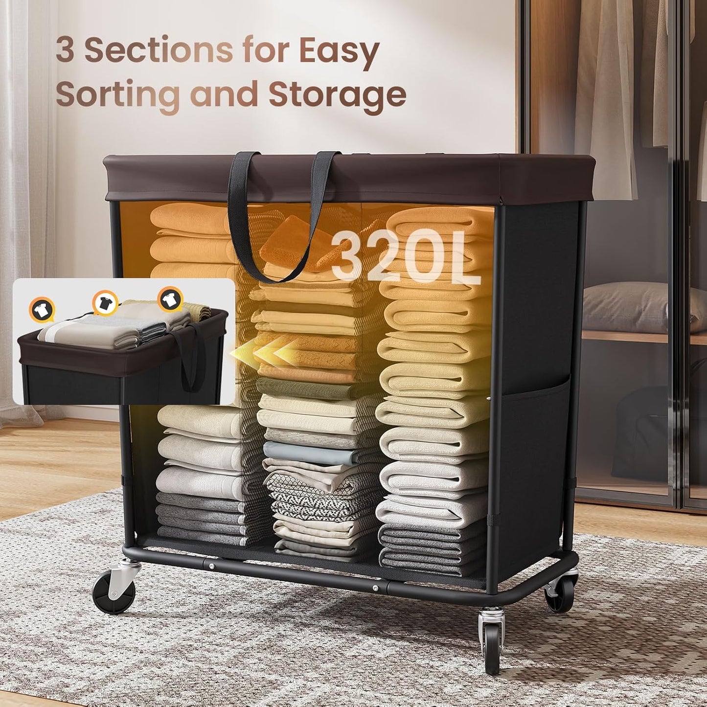320L Laundry Basket with Wheels, 3-Section Rolling Hamper for Laundry, Extra Large Laundry Hamper with Wheels, Clothes Hamper Rolling Laundry Basket for Home, Bathrooms and Dorm(Black)