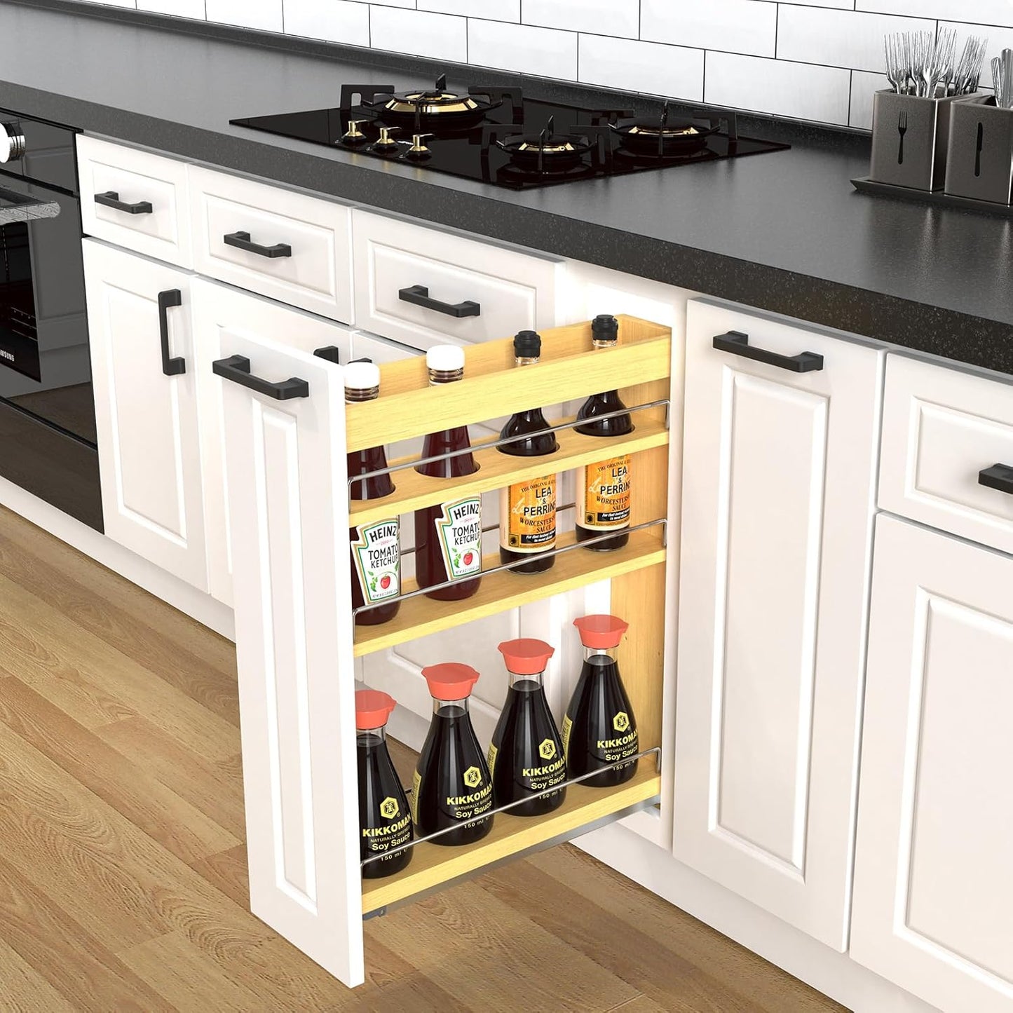 Pull Out Cabinet Organizer 5" Soft-Close Wood Pullout Shelf Organizer for Utilities Kitchen and Bathroom Base Cabinets, Slide Out Spice Rack
