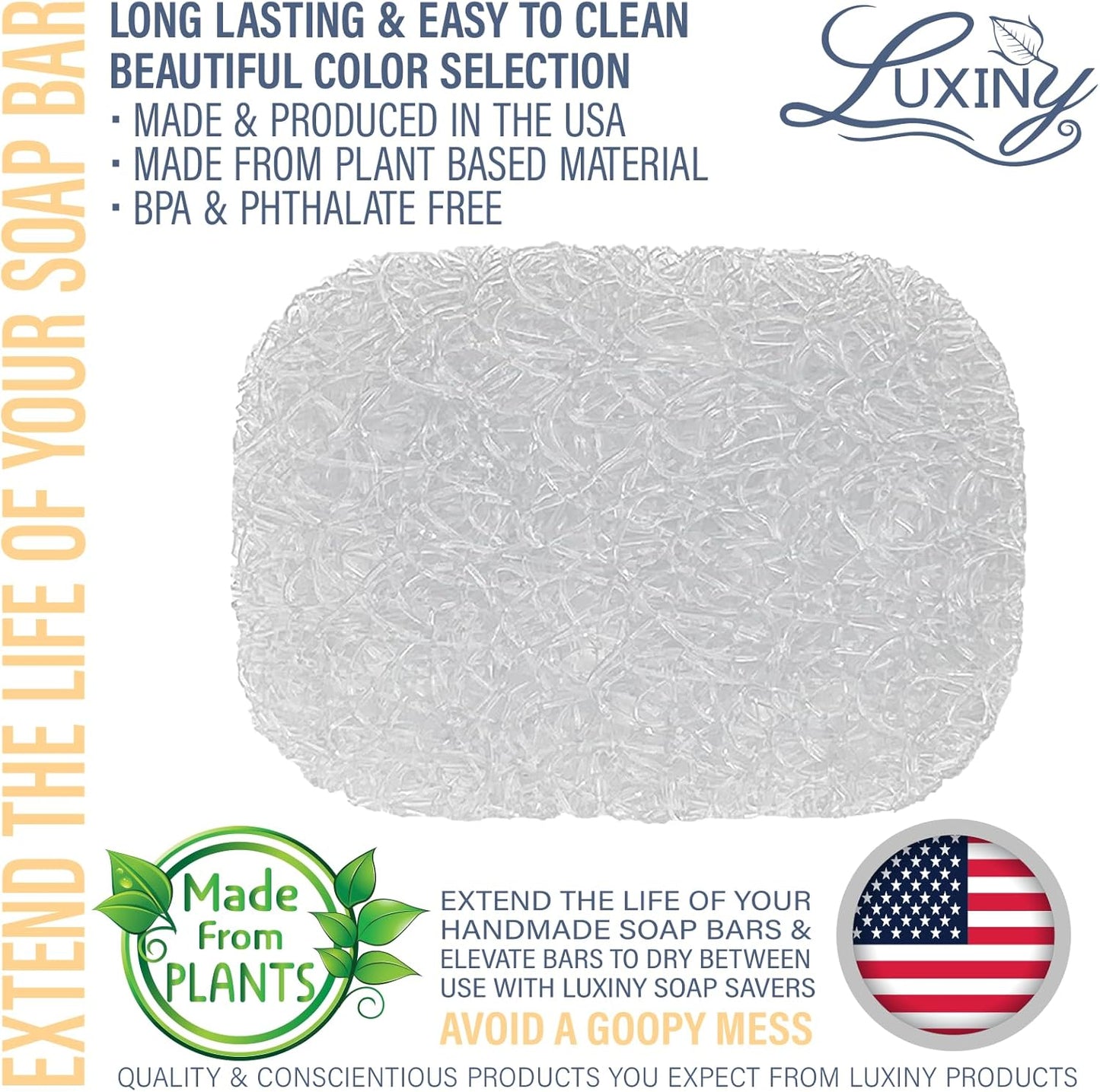 Soap Savers for Bar Soap & Shampoo Bar Holder, American Made by Luxiny, Lifts Soap in Soap Dishes & Shower Soap Holders –Bars & Soap Lasts Longer- Made from Plant Materials (Ice Crystal 2 Pack)