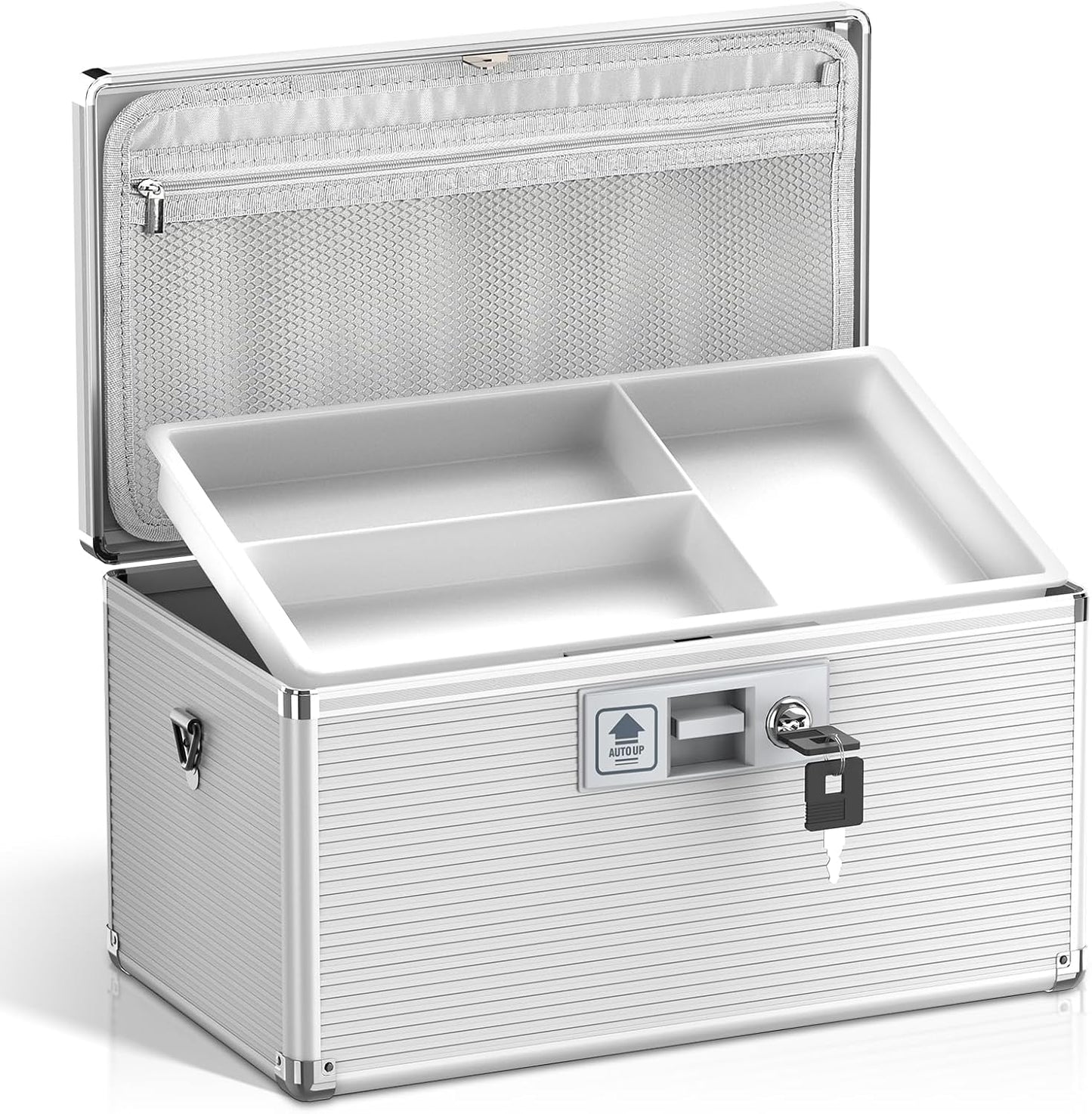 Medicine Lock Box with Key, Alluminum Alloy Box for Medication,First Aid Box with a Removeable Tray to Store Medicines & Pills for Home, Silver 14 * 8.46 * 7.48 Inch