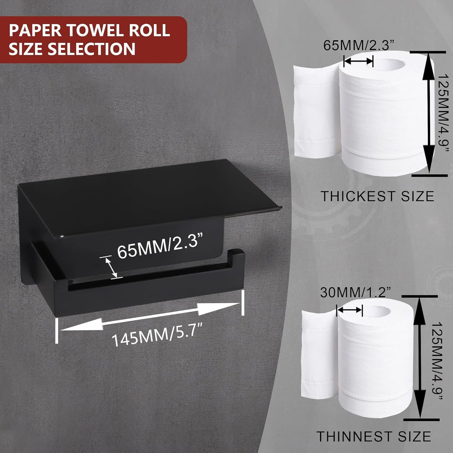 LANC Matte Black Toilet Paper Holder with Shelf Toilet Tissue Roll Holder with Phone Shelf for Bathroom Wall Mounted or Self-Adhesive Toilet Paper Roll Holder Stainless Steel, A8367MB