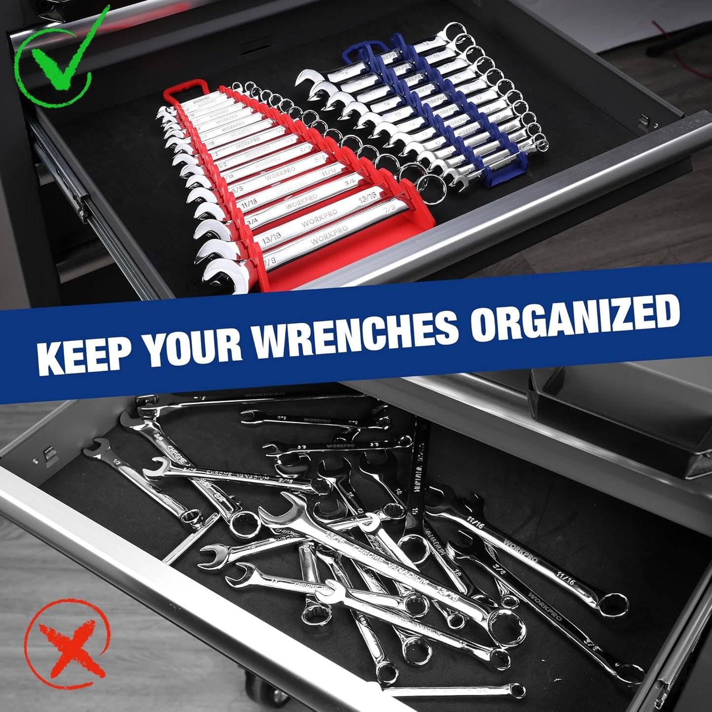WORKPRO 4-PACK Magnetic Wrench Organizer, 2PC 15-Slot and 2PC 12-Slot Gripper Wrench Holder for Tool Boxes, Flexible Gripping Teeth and Carrying Handle, Fit for SAE and Metric, Blue, Red