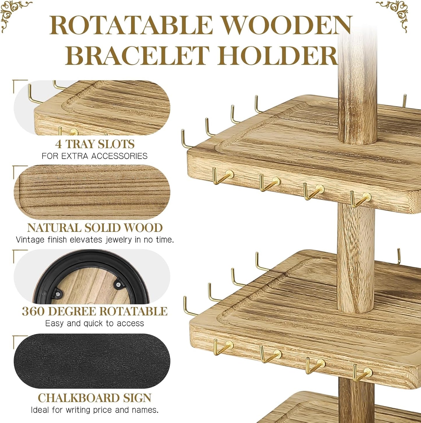 LadyRosian 3-Tier Wooden Rotating Jewelry Display Stand | Bracelet & Keychain Organizer with Advertising Board | 48 Hooks Rustic Holder for Vendor Booth & Stores (3-Tier Square Slot Display)