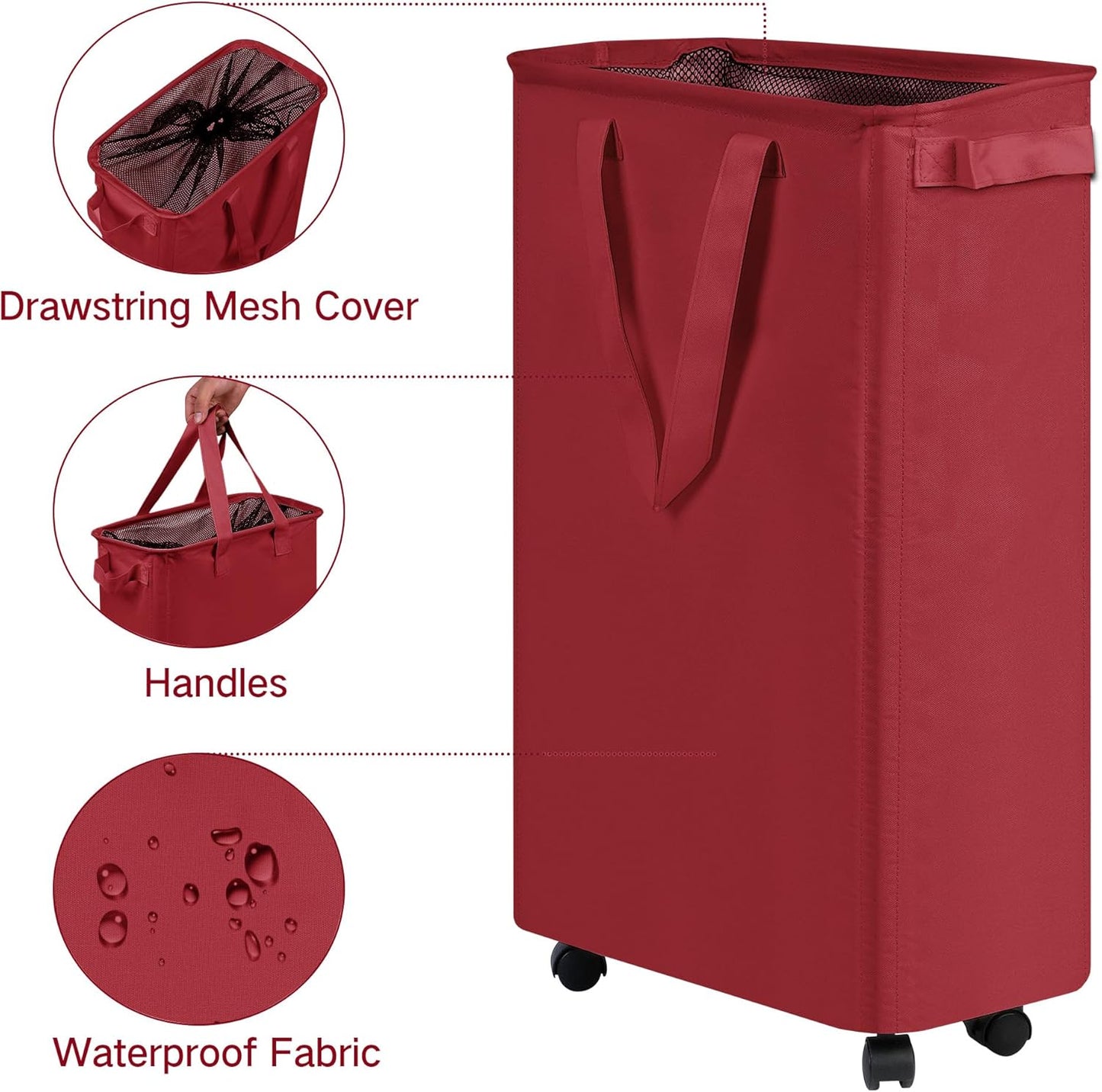efluky Slim Laundry Hamper with Wheels, Rolling Laundry Basket for Clothes, Small Laundry Basket for Bedroom, Dorm and Laundry Room, 60L (12.7 Gallons) Burgundy Red
