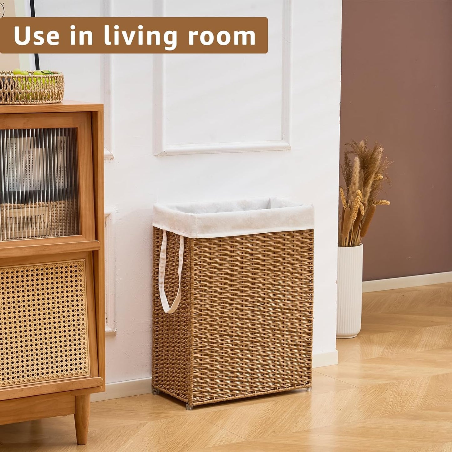 Slim Wicker Laundry Hamper, 55L Handwoven Rattan Basket with Handles, Narrow Laundry Basket with Removable Liner Bag & 2 Mesh Bags