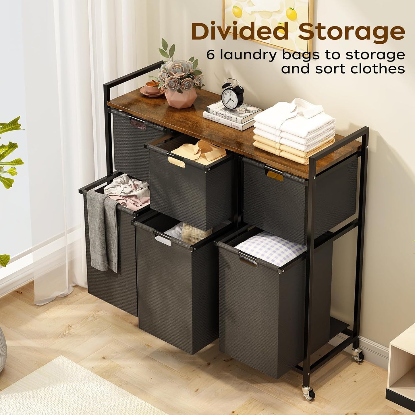HOMEIJU Laundry Basket with Wheels, Rolling Laundry Hamper Organizer with Large Desktop, Laundry Sorter with 6 Pull-Out and Removable Laundry Bags, Metal Frame, Rustic Brown and Black