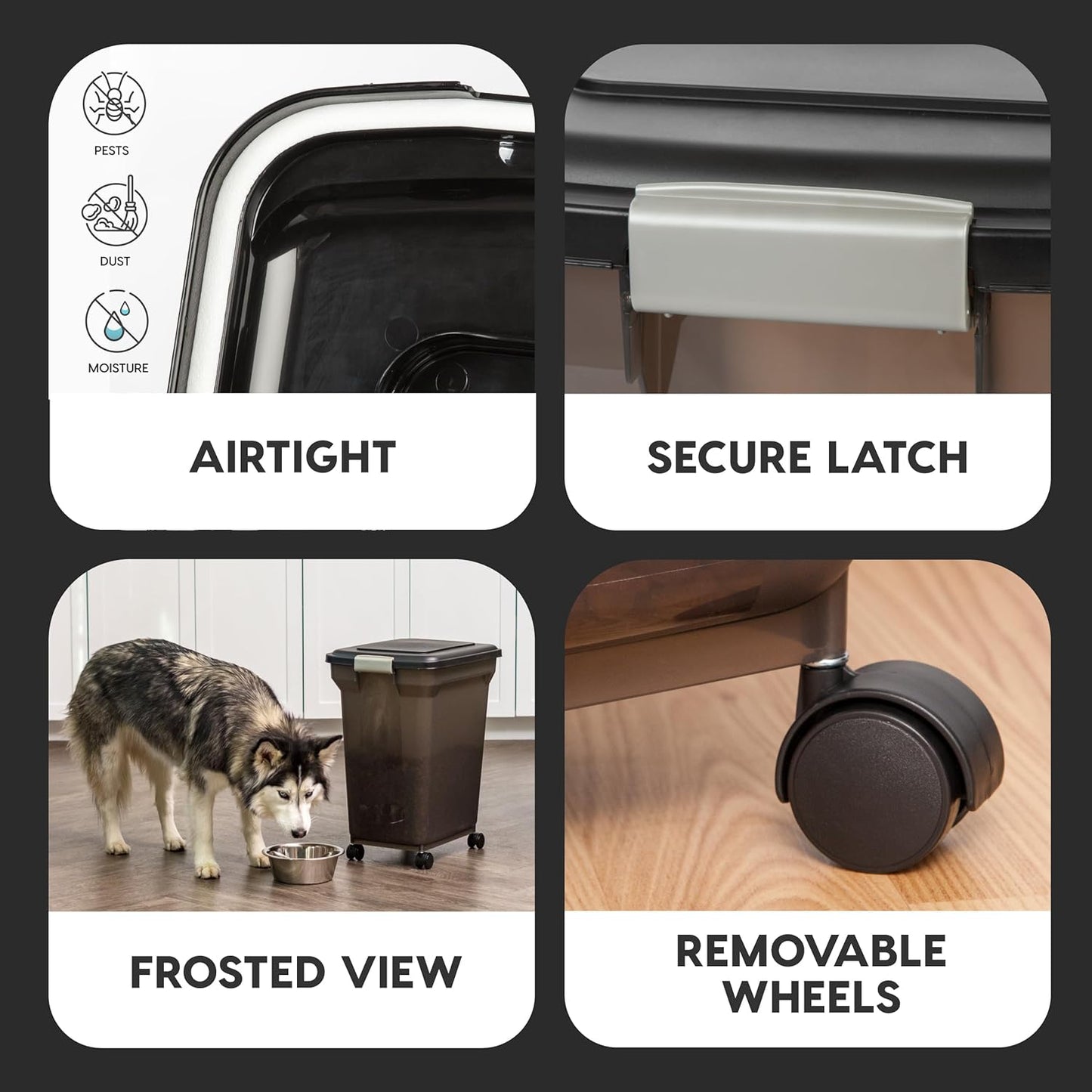 IRIS USA WeatherPro Airtight Dog Food Storage Container, Up to 22 lbs, Attachable Wheels, For Dog Cat Bird and Other Pet Food Storage Bin, Keep Fresh, Easy Mobility, BPA Free, Smoke