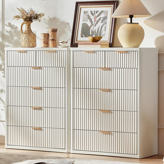 LEYAOYAO Fluted 6 Drawers Dresser for Bedroom Set of 2, 42" Tall Modern Chest of Drawers with Metal Handle, Curved Profile Design,White Wood Drawer Organizer for Bedroom, Living Room, Hallway