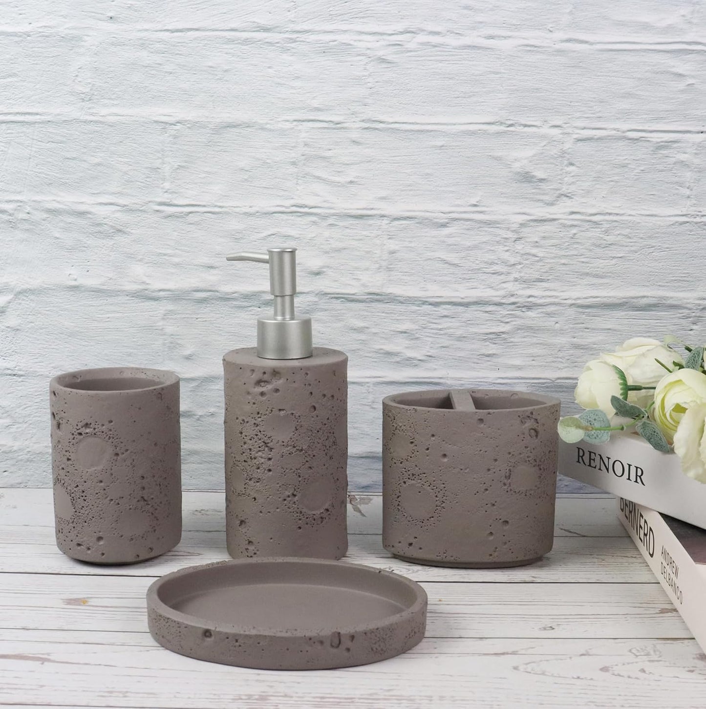 Hymmah Meteorites Bathroom Accessories Set,Farmhouse Bathroom Decor,4 Pcs Resin Gift Set Apartment Necessities, Contain Cotton Swab Jar,Soap Dispenser,Tumbler，Soap Dish/Tray