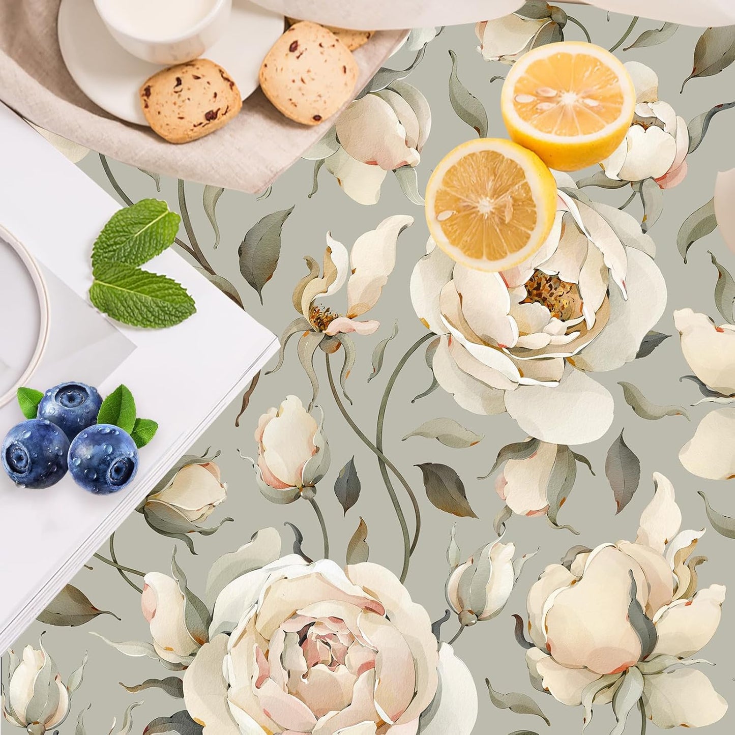HAOKHOME Shelf Liner and Cabinet Liner Floral Peony, Self-Adhesive Drawer Liners, Peel and Stick Contact Paper for Kitchen Cupboard, Non Slip Bathroom Drawers, Green Cream 17.7in x 6.5ft
