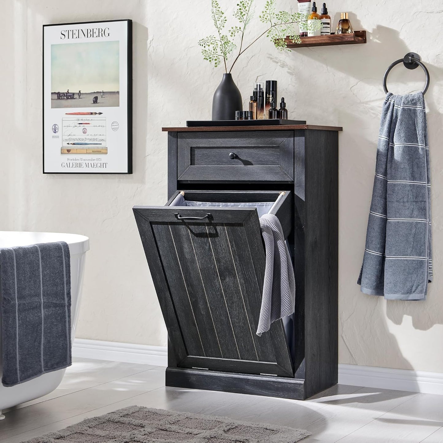 Tilt Out Trash Can Cabinet, 10 Gallon Farmhouse Laundry Hamper Cabinet with Drawer, Hidden Wooden Trash Garbage Can Bin with Storage Basket for Kitchen, Living Room (Dark Grey)