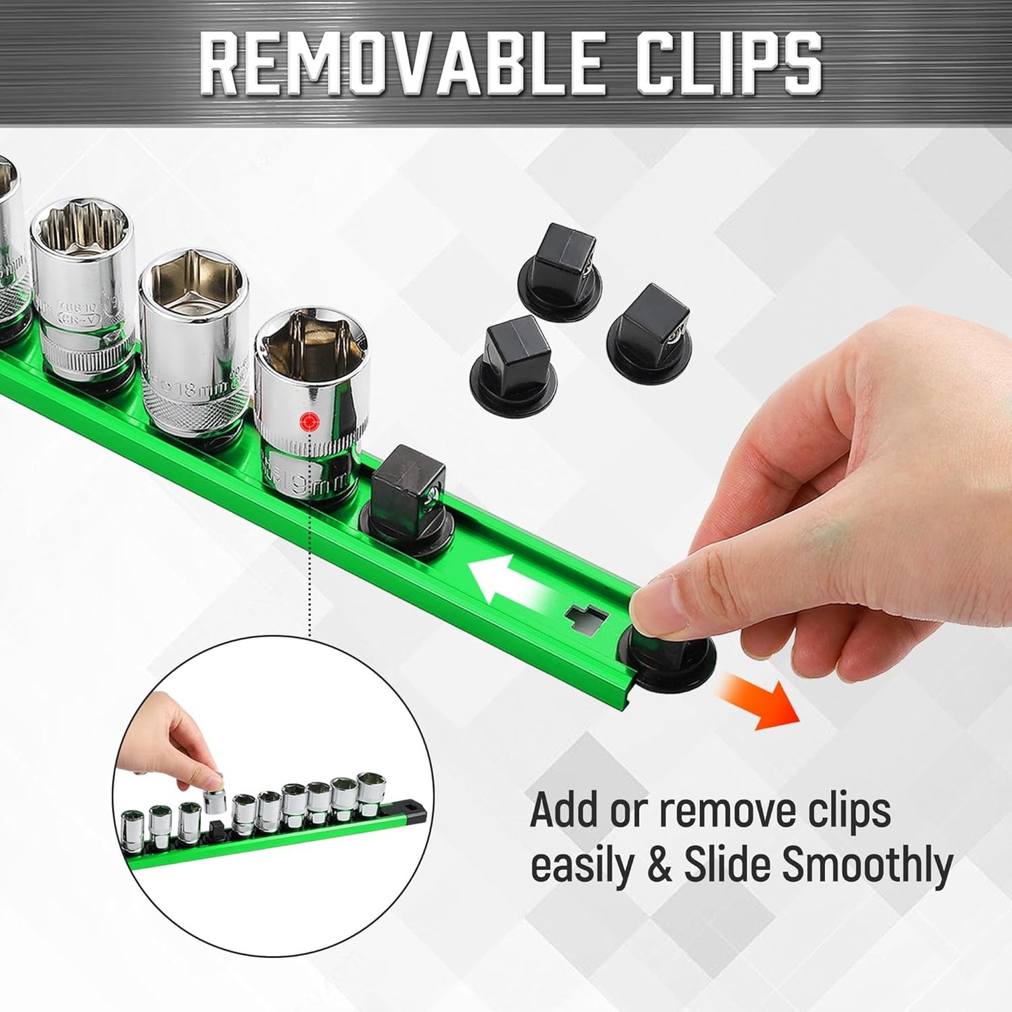 ALOANES 3-Piece Magnetic Socket Organizer, Heavy Duty Aluminum Socket Rails Organizer, 360° Swivel Clips Socket Holder Kit for Tool Box, 1/4-Inch Socket Holder x 42 Clips (Green)