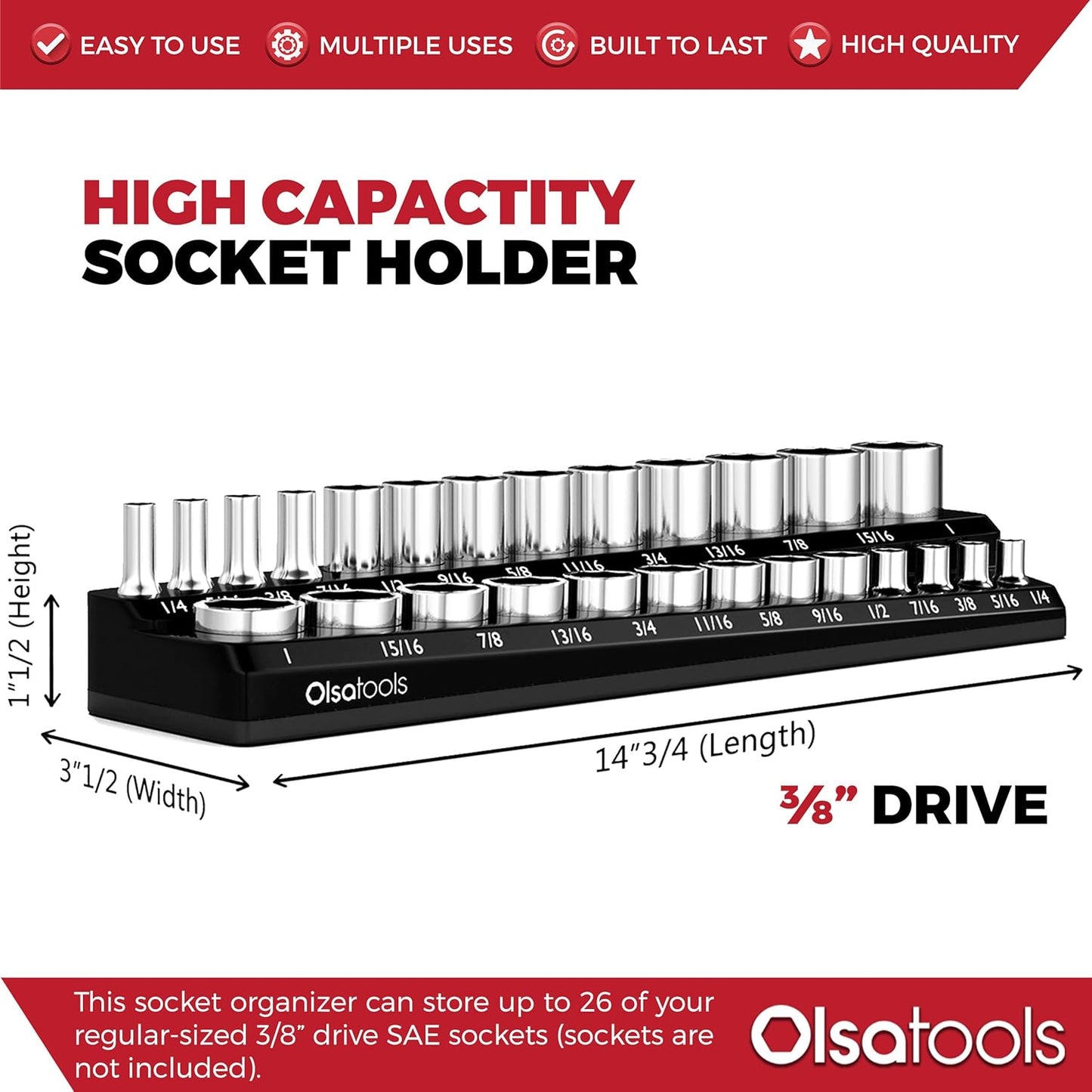 Olsa Tools Magnetic Socket Organizer | 3/8-Inch Drive | SAE | Black | Holds 26 Sockets | Professional Quality Tools Organizer