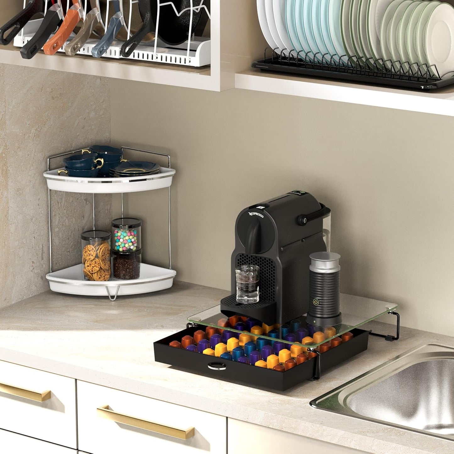 Deco Brothers Crystal Tempered Glass OriginalLine Pod Holder Drawer, 49 Capsule Organizer, Black