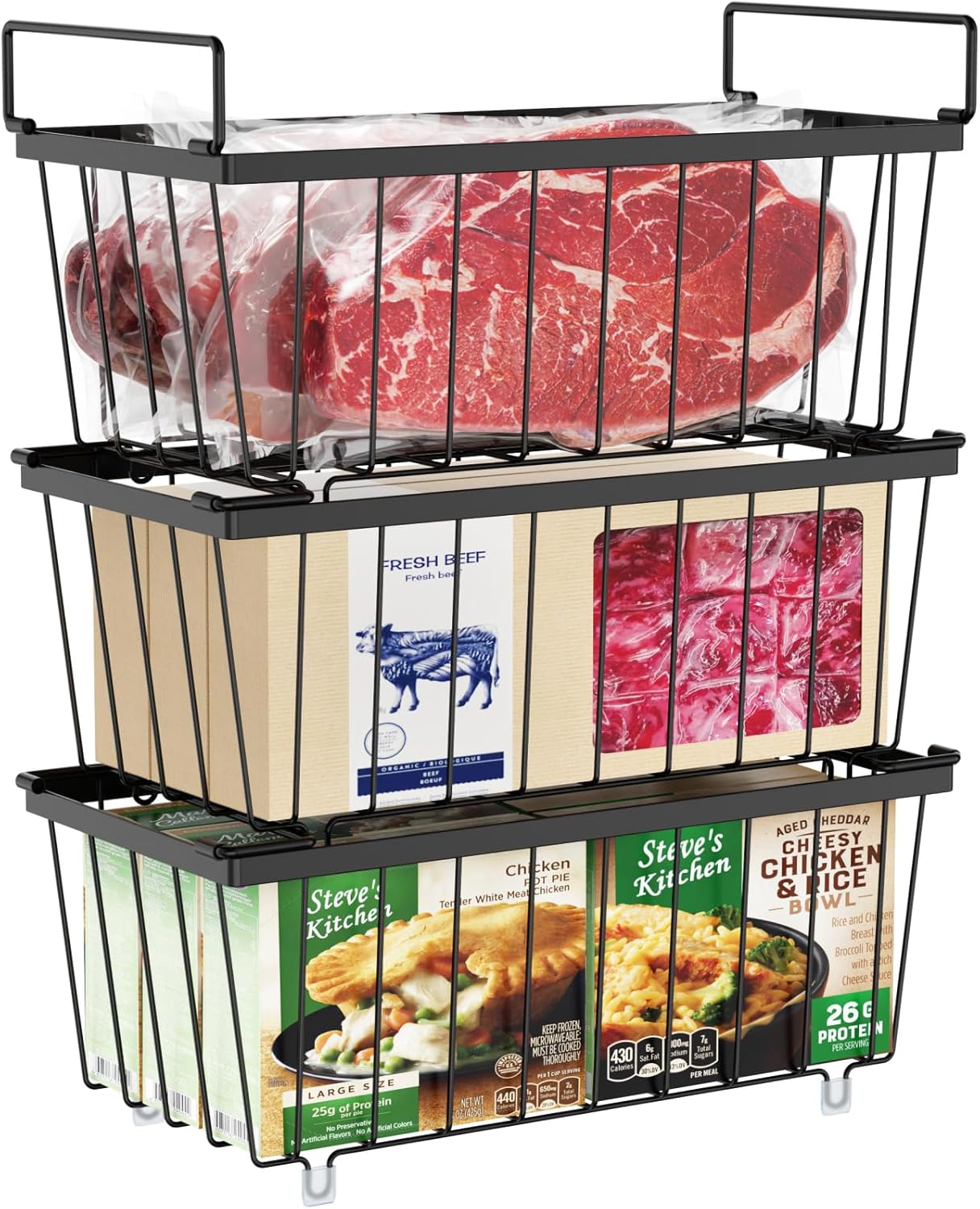 iSPECLE Chest Freezer Basket - 3 Pack Small Stackable Freezer Bins for Most 7 Cu.FT Deep Freezer Sort Frozen Food, Deep Freezer Organizer Bins with Handles Easy to Get Food from Bottom, Black