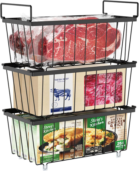iSPECLE Chest Freezer Basket - 3 Pack Small Stackable Freezer Bins for Most 7 Cu.FT Deep Freezer Sort Frozen Food, Deep Freezer Organizer Bins with Handles Easy to Get Food from Bottom, Black