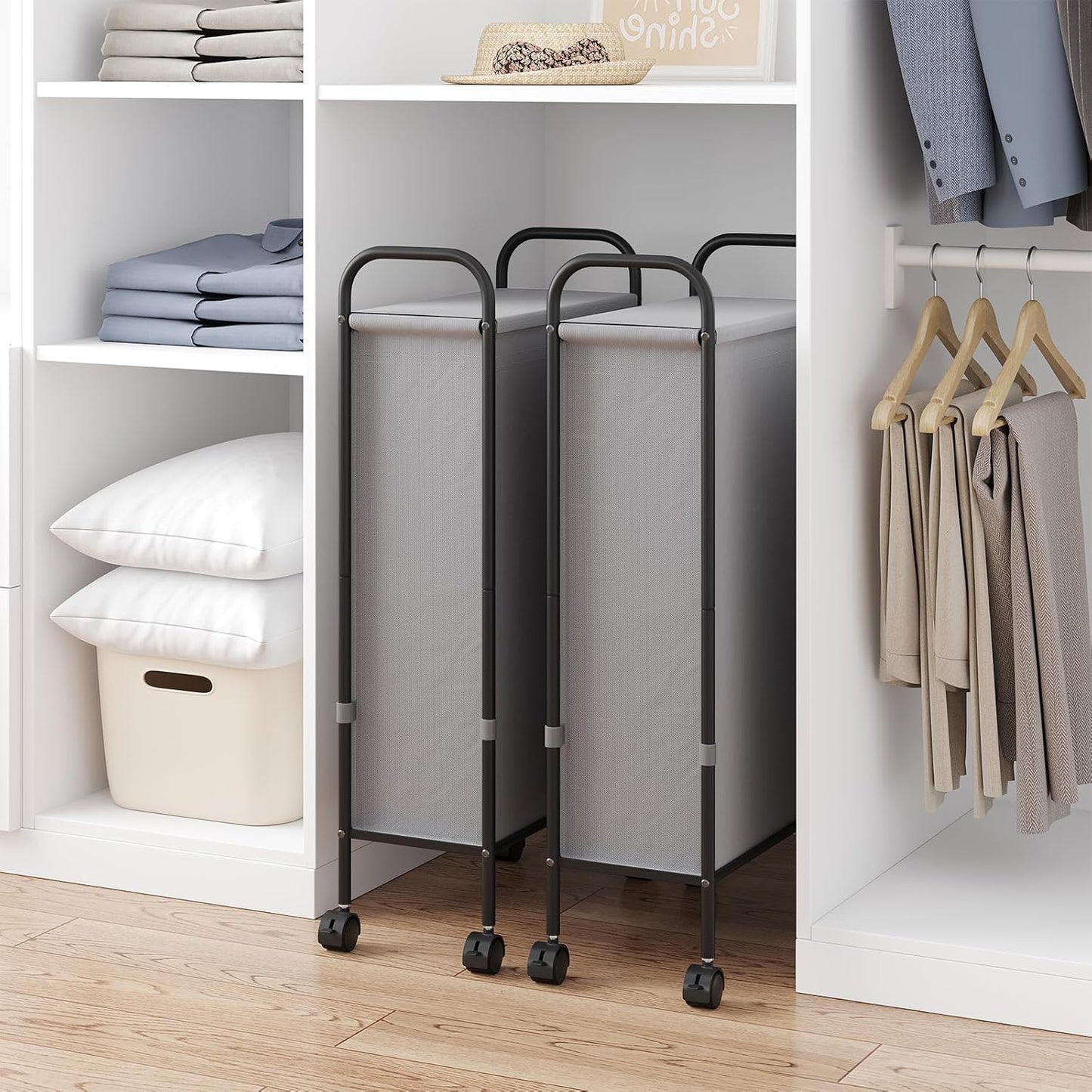 ELYKEN Slim Laundry Hamper with Lid, 50L Small Rolling Laundry Basket on Wheels, 7.9” Narrow Dirty Cloth Cart with Removable Inner Bag for Small Bathroom, Bedroom, Grey