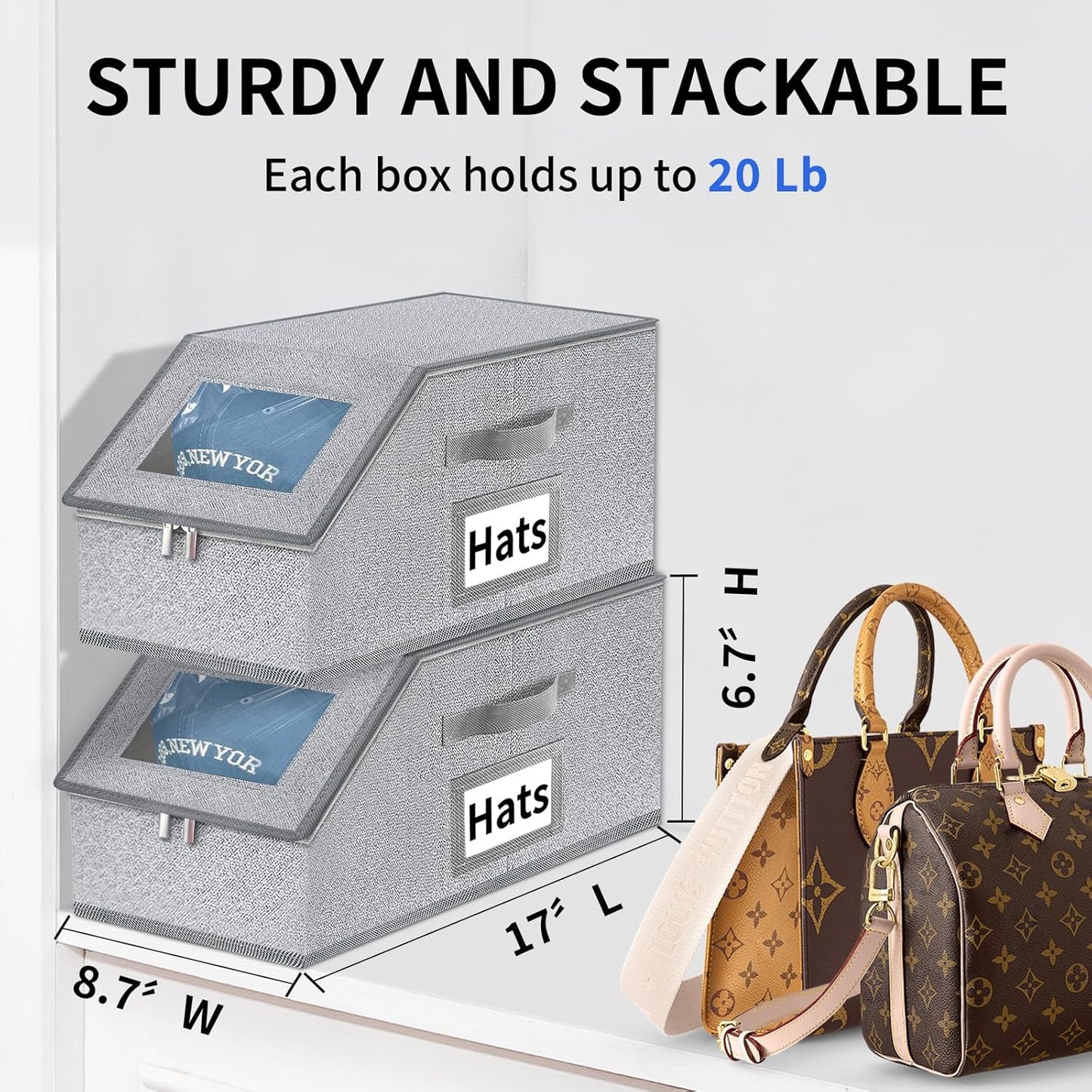Aokeyee Hat Organizer for Baseball Caps - 2PCS Stackable Storage with Clear Window Lid, Flip-Top Access, Space-Saving Hat Box for Closet, Breathable Fabric (Grey)