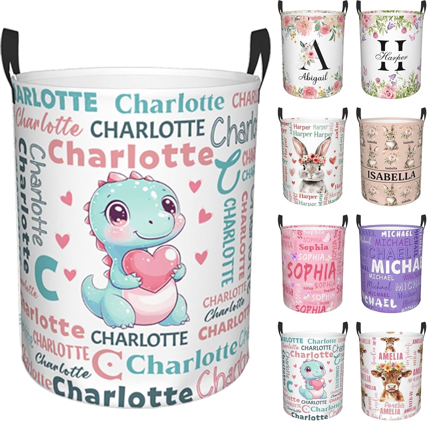 Custom Name Laundry Hamper, Personalized Dinosaur Laundry Basket with Name for Laundry Room Dorm Bedroom, Customized Name Dirty Clothes Hamper with Handles for Clothes Toy Boys Girls Men Women