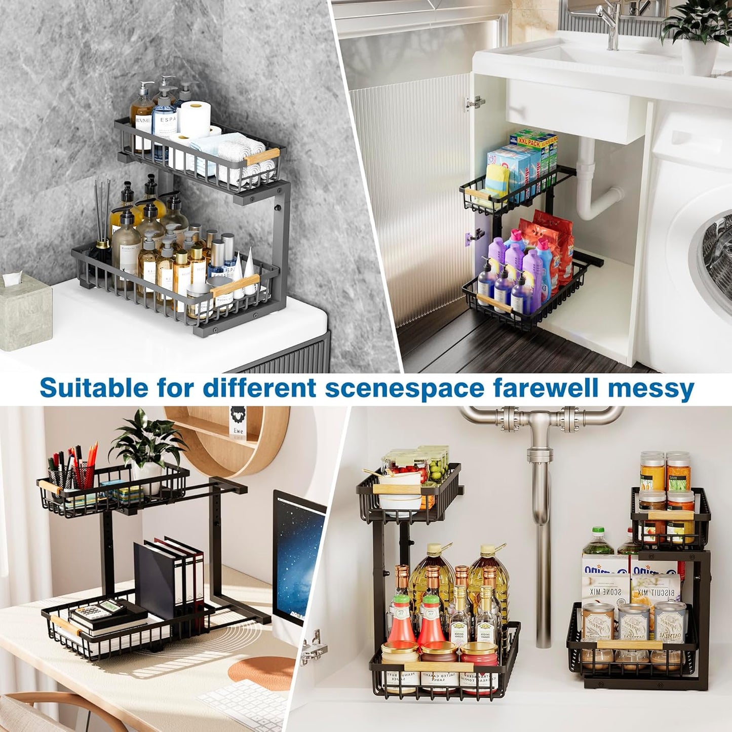 Under Sink Organizers, 2 Tier Pull Out Under Cabinet Organizer，Height Adjustable Pull Out Cabinet Drawers, Metal Sliding Drawer for Kitchen Bathroom Pantry Cabinet Closet Organization Rack，1 Pack