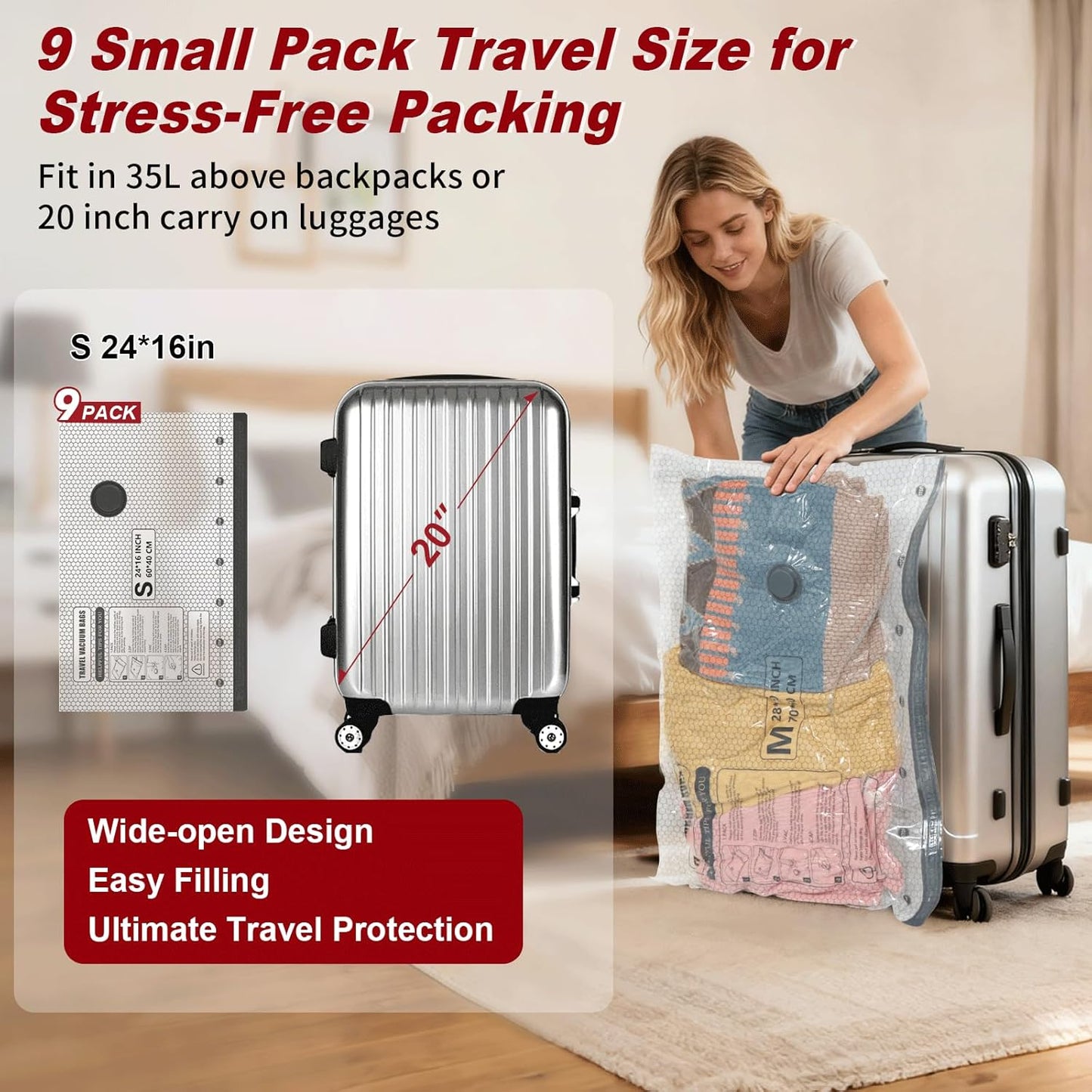 Rechargeable Wireless Pump Travel Storage Bags Set, 9 Pack (9S) Portable Space Saver Bags for Travel & Home, Vacuum Compression Packing Seal for Clothes, Blankets, Home Seasonal Storage