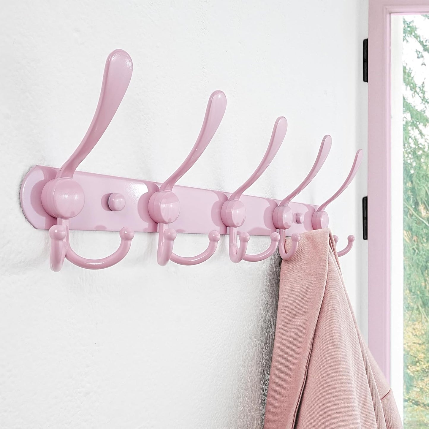 Dseap Coat Rack Wall Mounted - 5 Tri Hooks, Heavy Duty, Stainless Steel, Metal Coat Hook Rail for Coat Hat Towel Purse Robes Mudroom Bathroom Entryway (Pink, Pack of 2)