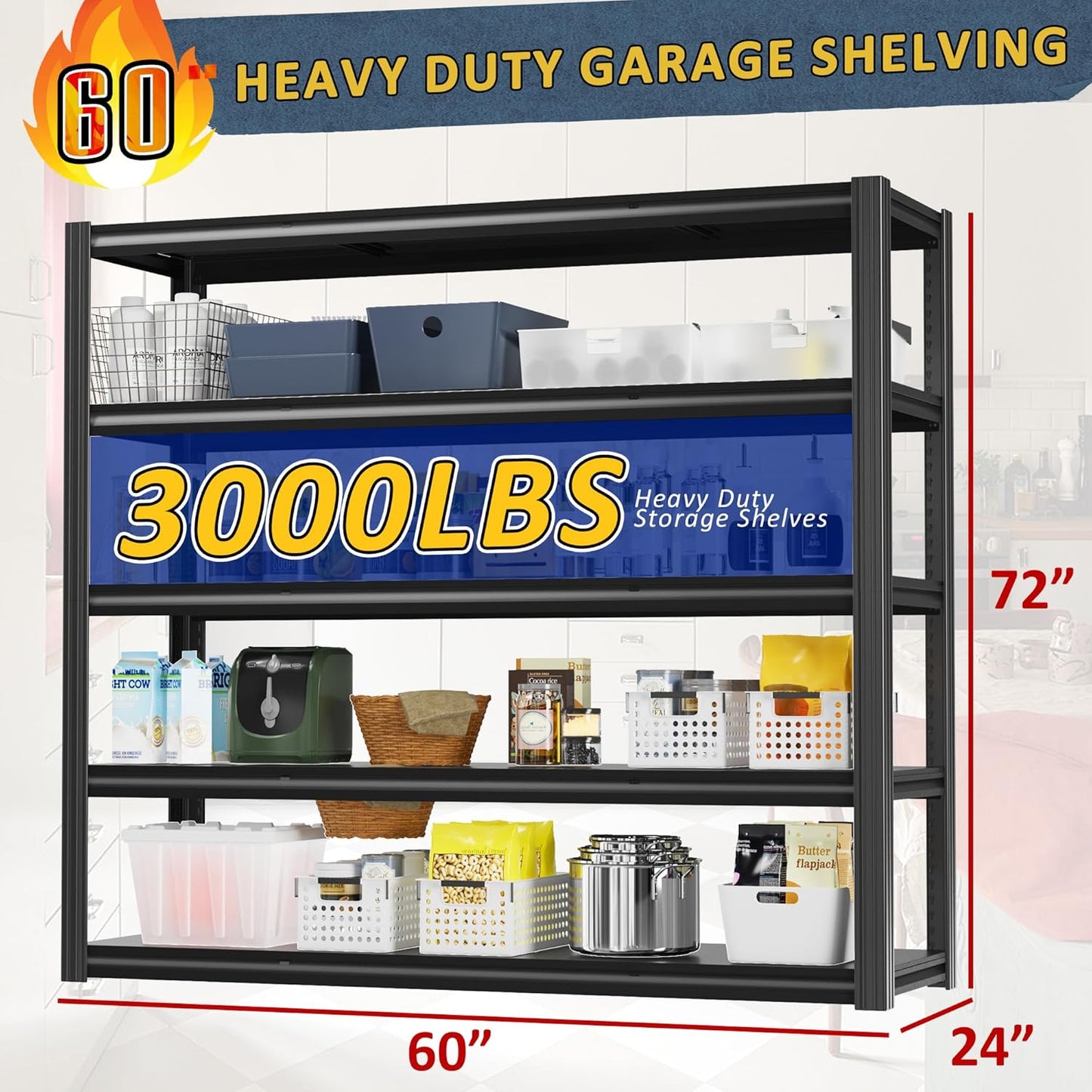 60" W Garage Shelving Heavy Duty,5 Tier Storage Shelves,3030LBS Adjustable Shelf Unit, Metal Garage Shelving for Warehouse Industrial Basement, 72" H × 60" W × 24" D, Black