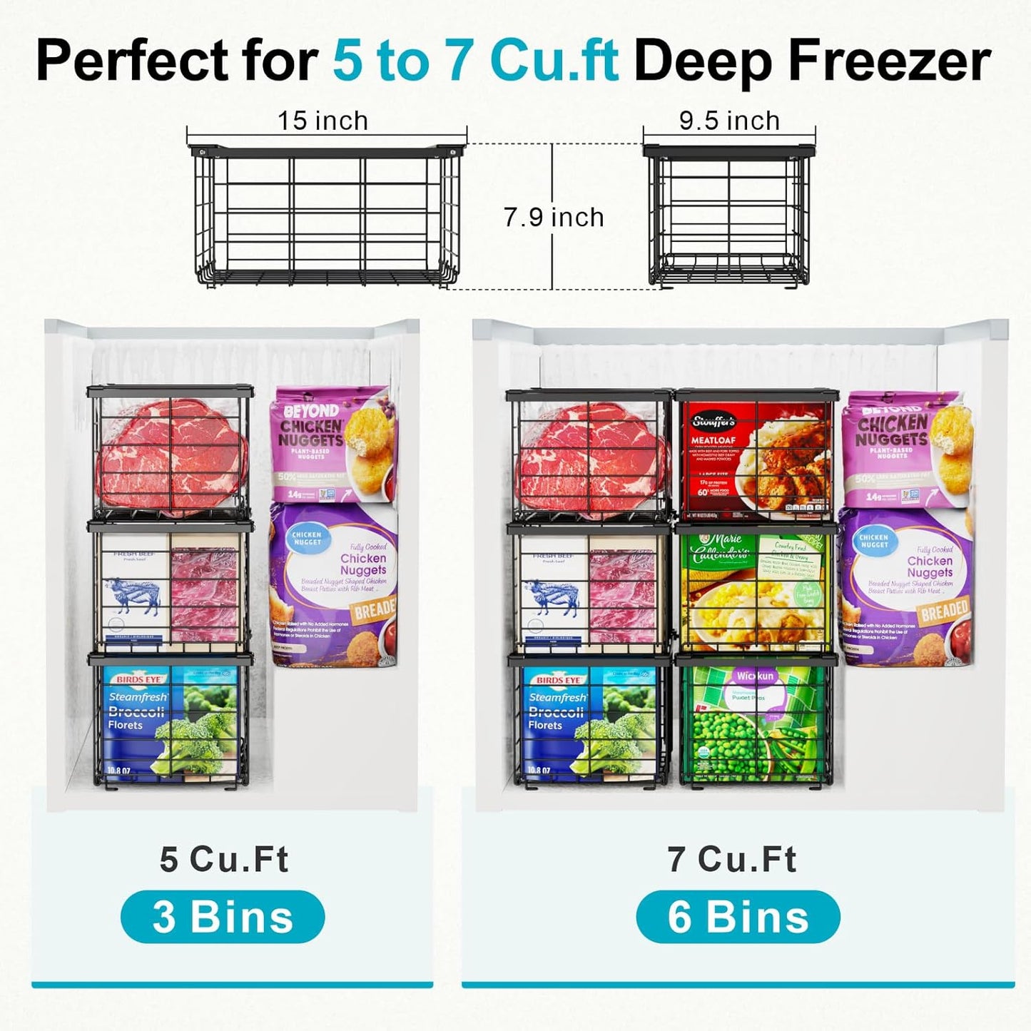 iSPECLE Freezer Organizer Bins - 3 Pack Large Deep Freezer Organizer Bins for 5 to 7 Cu.Ft Chest Freezer, Stackable Easy Access Food No More Digging, Sturdy Metal Wire Basket Not Scratch Bottom, Black