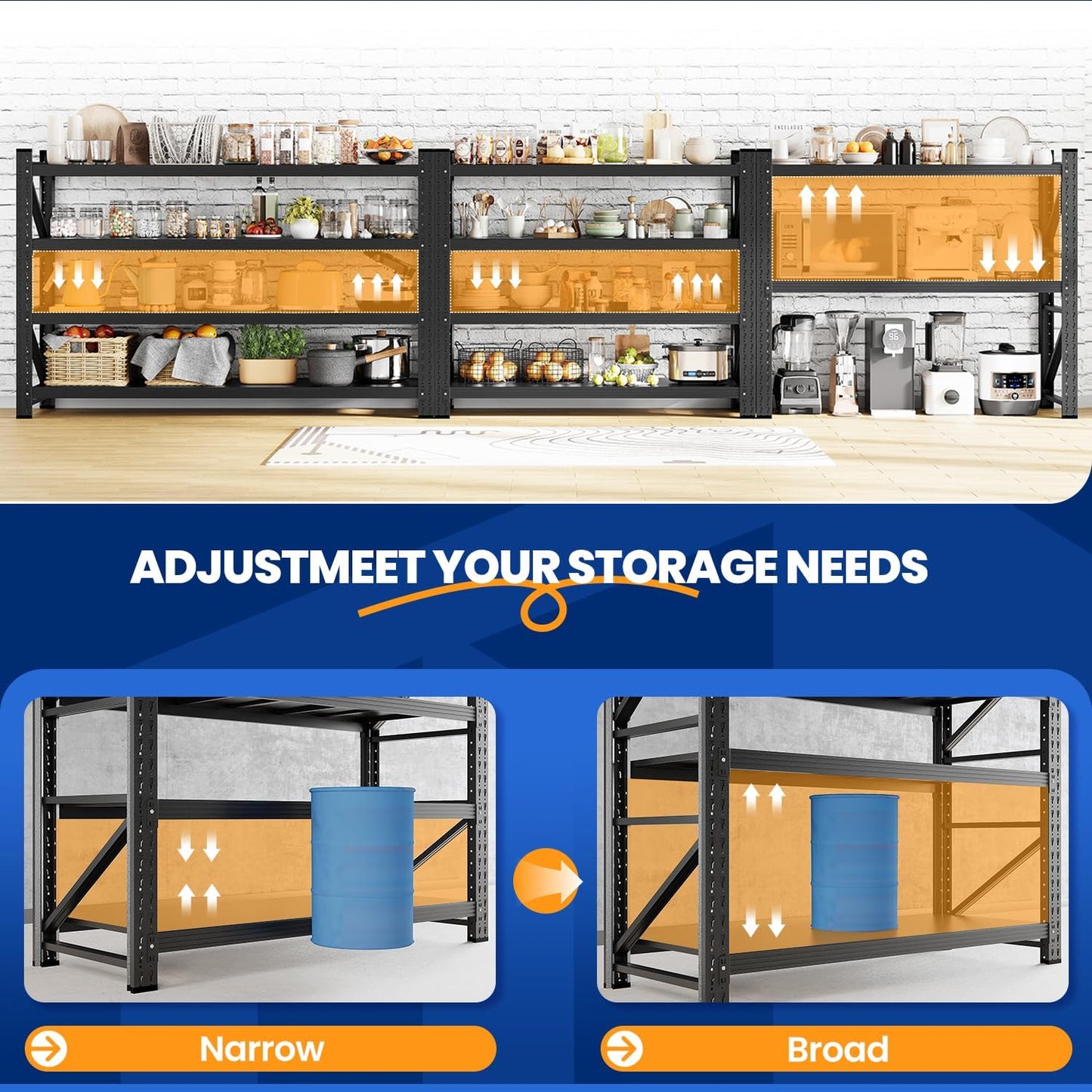MIIIKO 68" W Storage Shelves,7500LBS Metal Garage Storage Shelving,Heavy Duty Adjustable Unit Storage Shelves for Warehouse,Basement,68" W x 24" D x 63" H,Black