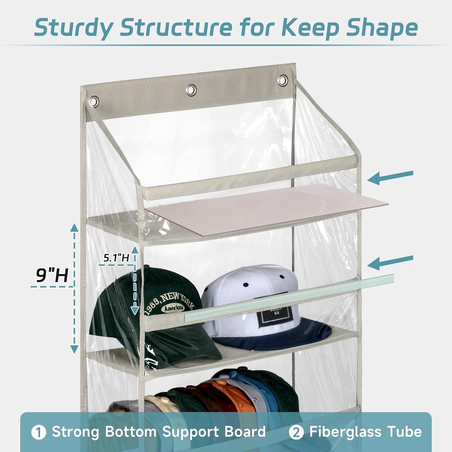 AOODA Clear Over the Door Hat Racks for Baseball Caps, Large Holds up to 72 Caps Hat Storage Organizer for Closet Wall, Deep Pockets Hanging Snapback Holder Shelves with 3 Hooks, Grey