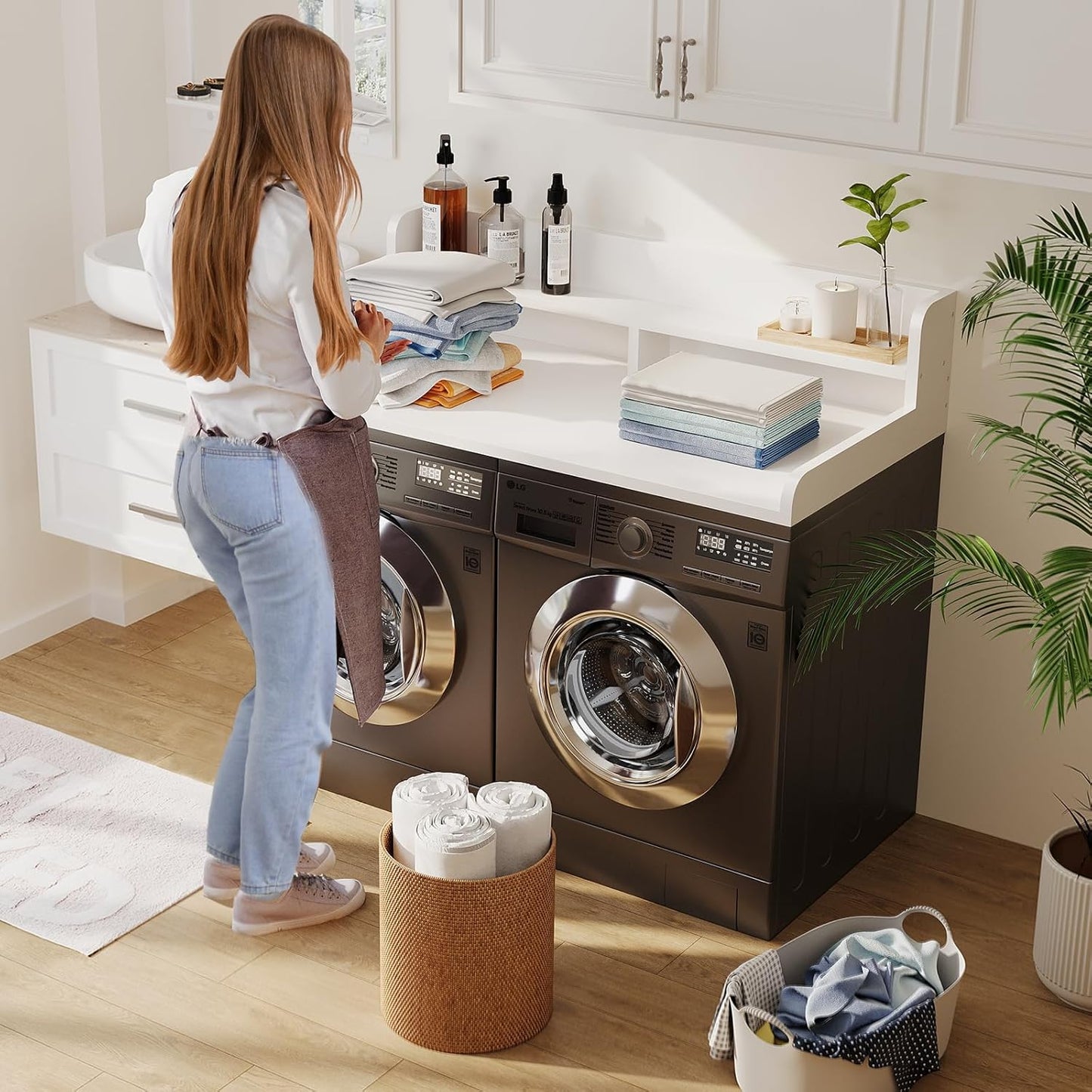 2-Tier Washer Dryer Countertop with 2.75"H Edge Rails, 54" W x 27.55" D Laundry Countertop for Folding Clothes, Washer and Dryer Topper with Non-Slip Pad (White)
