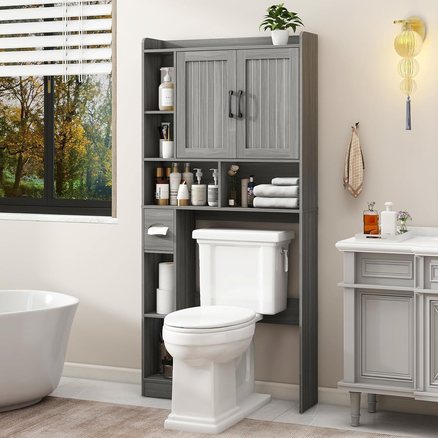 Vabches Over The Toilet Storage Cabinet, Farmhouse Storage Cabinet Over Toilet with Barn Door，Home Space-Saving Toilet Rack for Bathroom, Restroom and Laundry.（Wash Grey）