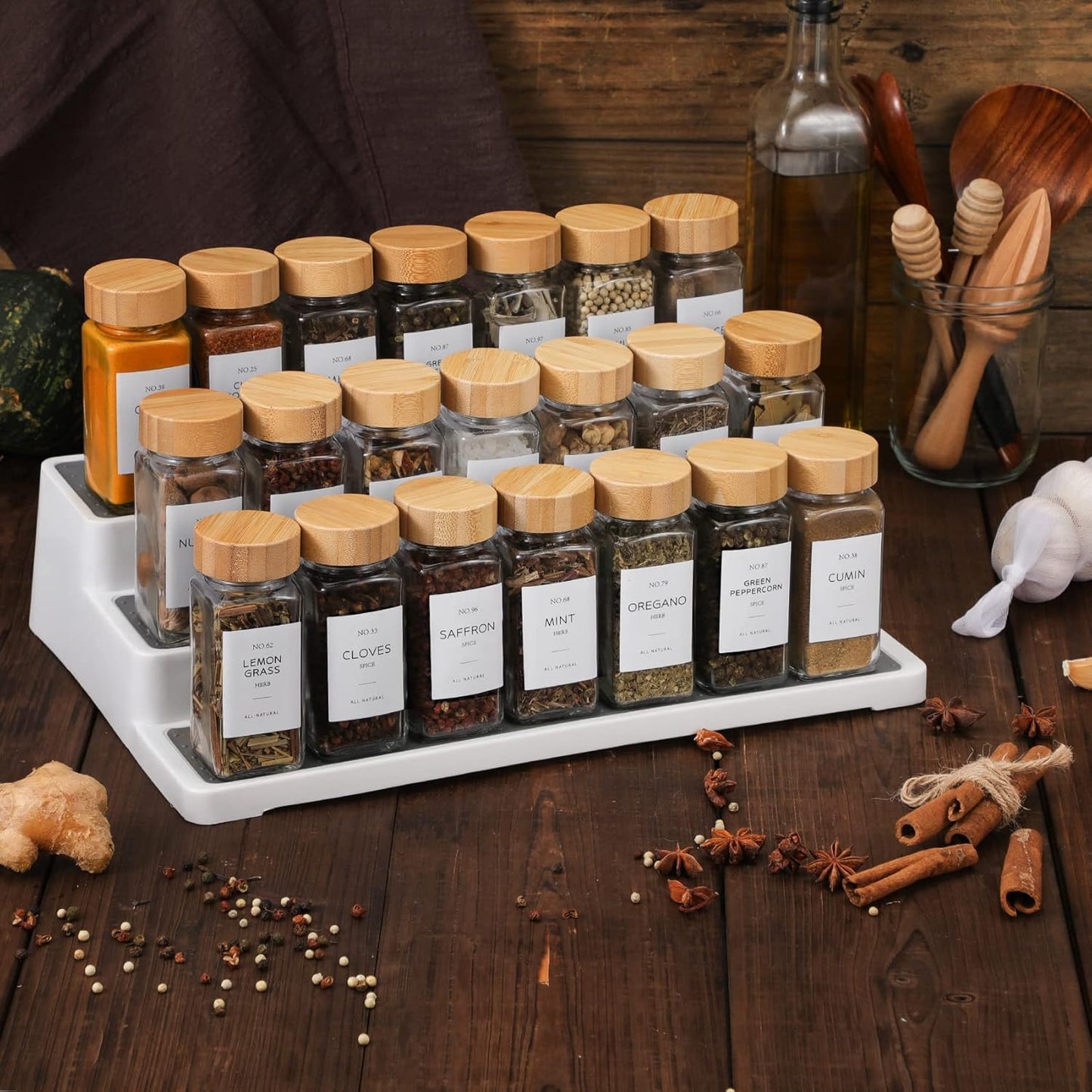 NETANY 36 Pcs Glass Spice Jars with Bamboo Lids, 4 oz Glass Jars with Minimalist Farmhouse Spice Labels Stickers, Collapsible Funnel, Seasoning Storage Bottles for Spice Rack, Cabinet, Drawer